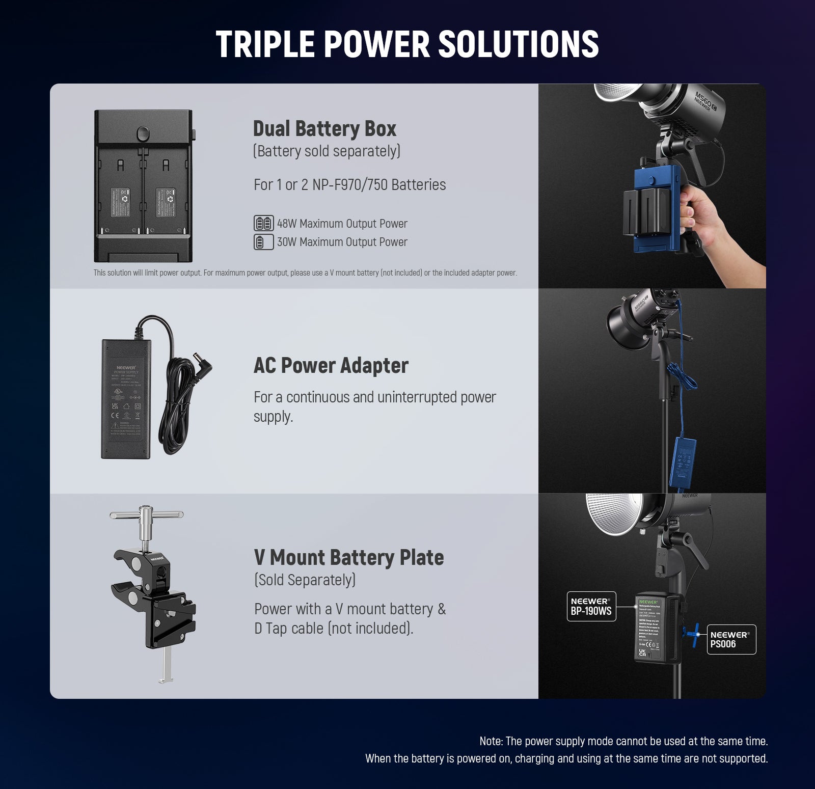 NEEWER MS60C RGB LED Video Light supports triple power solutions.