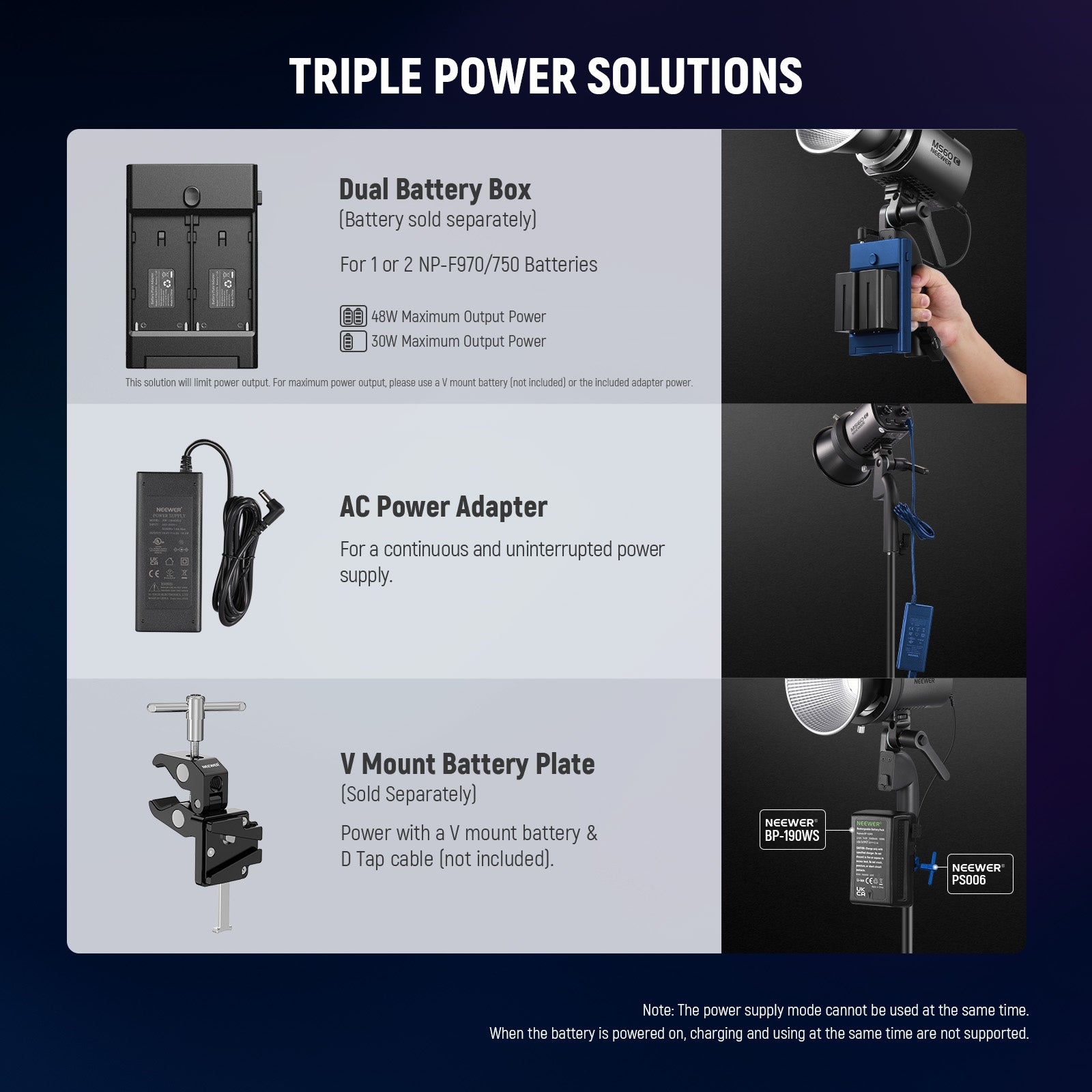 NEEWER MS60C RGB LED Video Light supports triple power solutions.