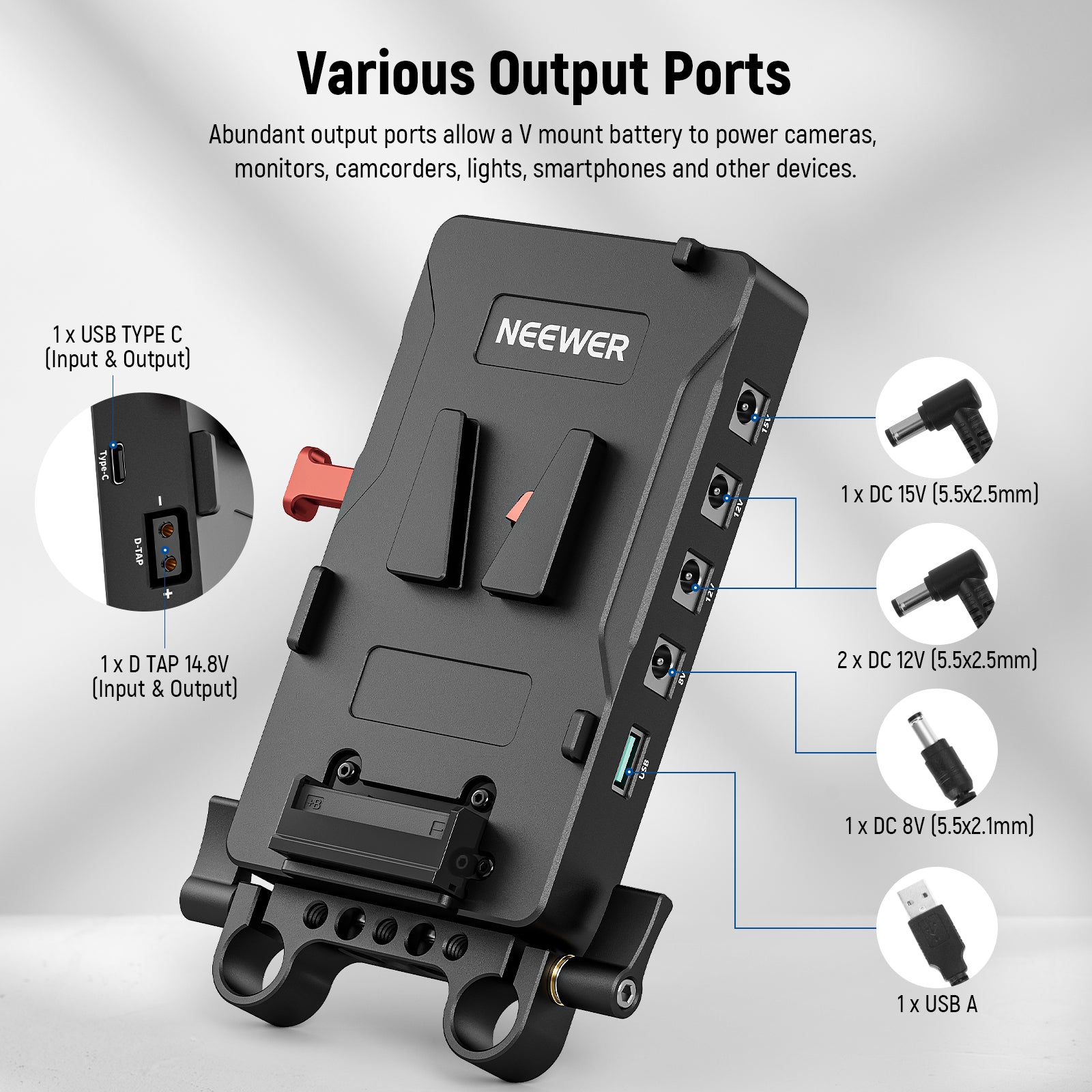 NEEWER VB-A1 V Mount Battery Adapter Plate offers various output ports.