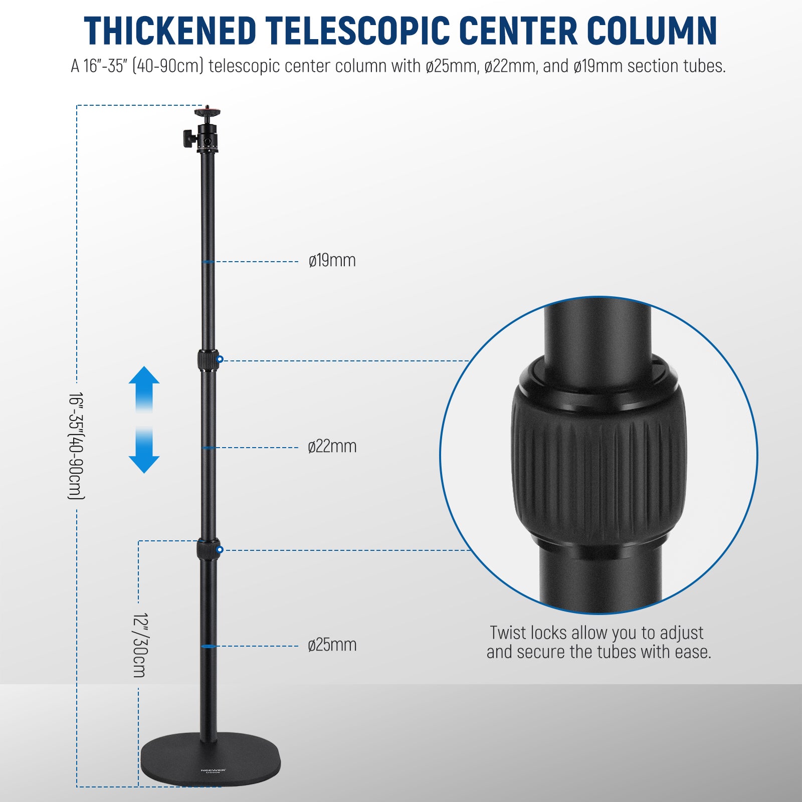 The telescopic center column with three sections offers a 16"-35" height range