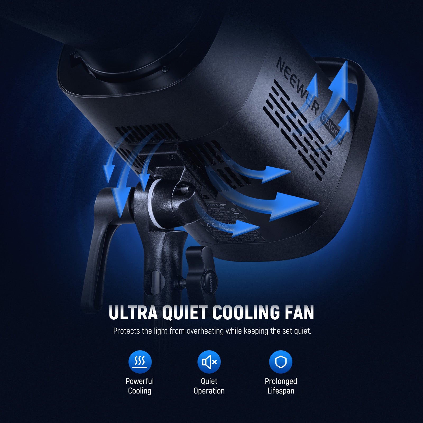 NEEWER CB100C RGB Video Light is integrated with quality heatsinks and a silent fan