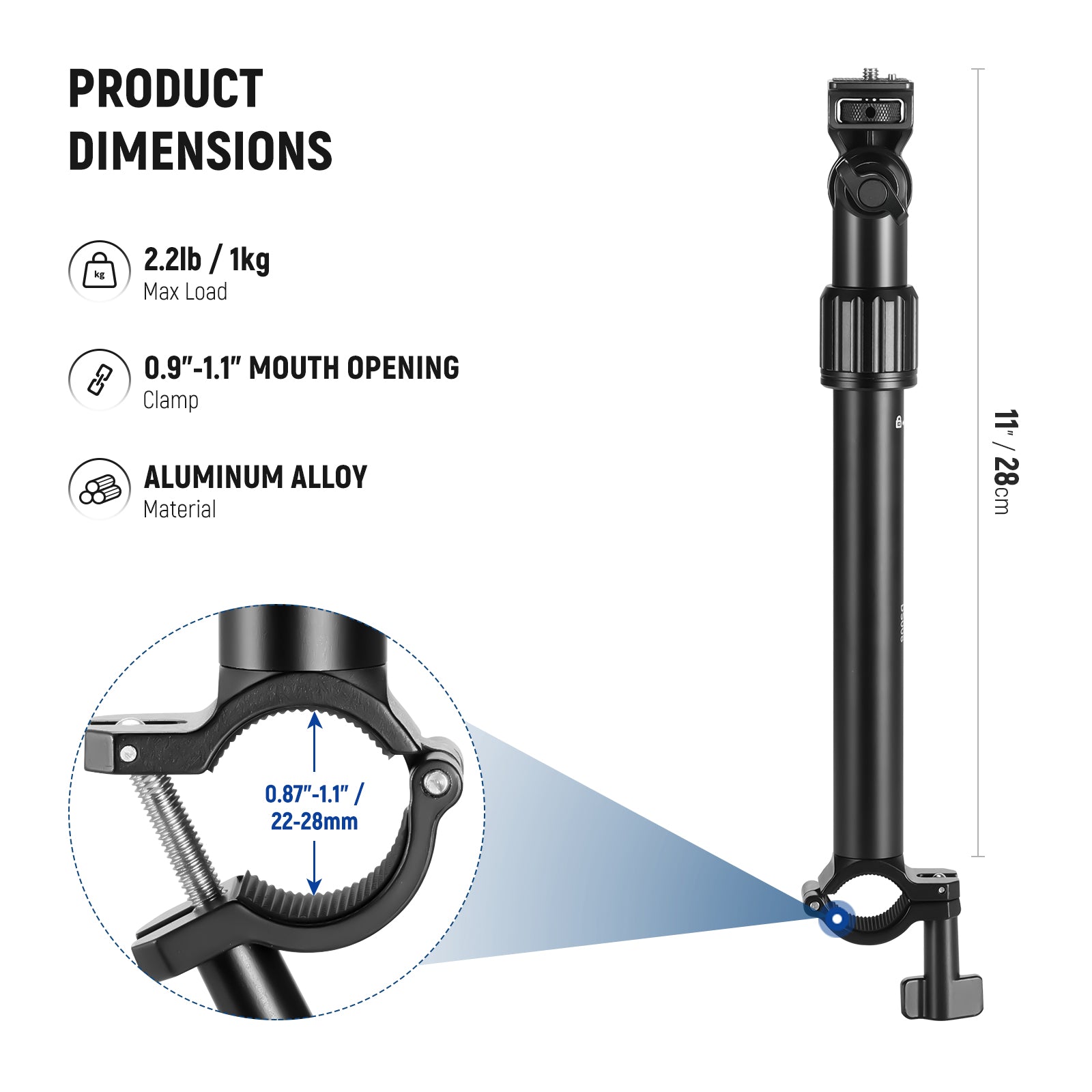 Product dimensions of the NEEWER DS008 Overhead Camera Mount Arm