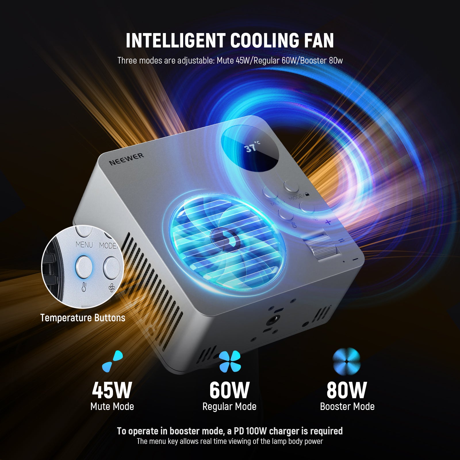 This LED video light features an intelligent cooling fan