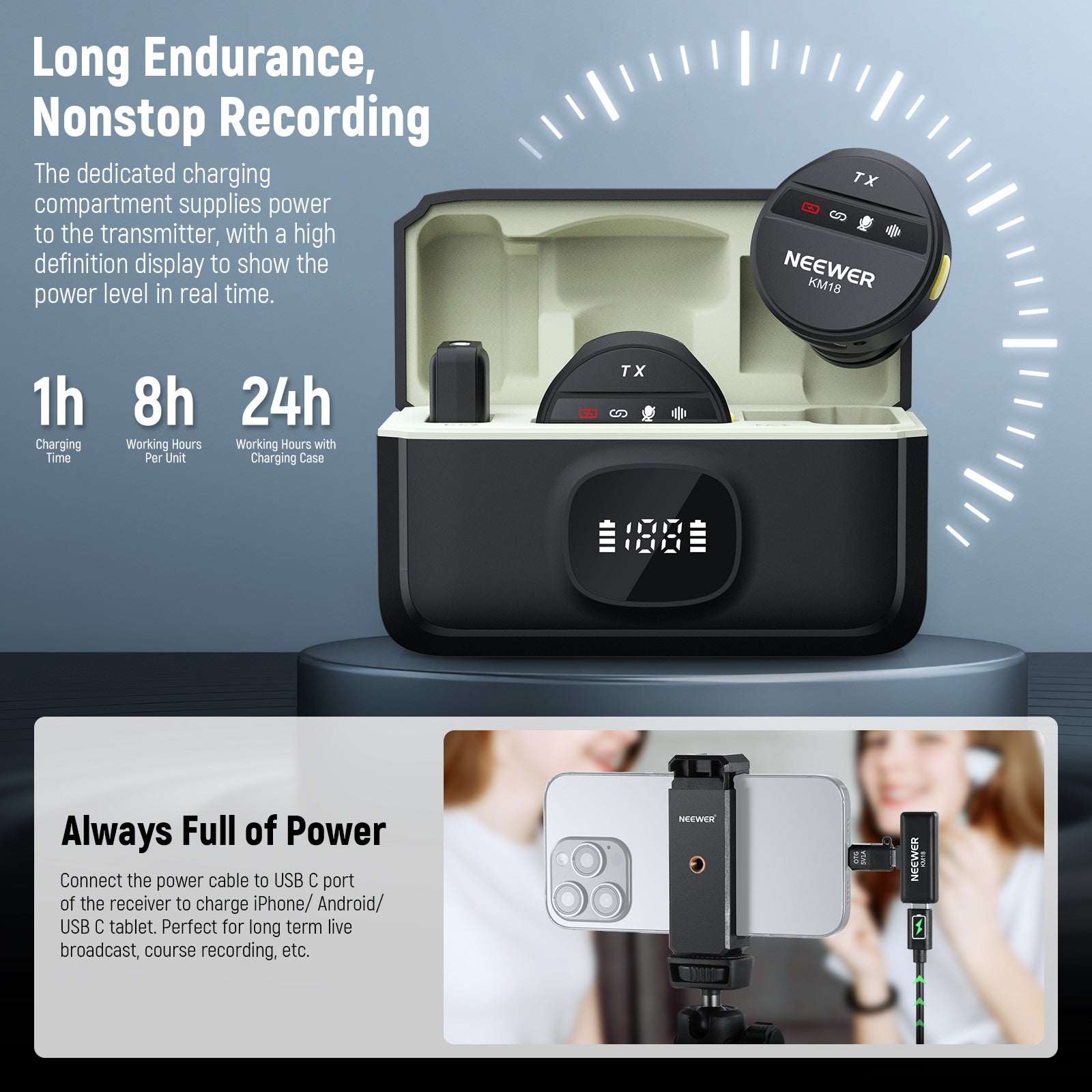 The body wearable wireless microphone mic set includes a portable micro phone charging case