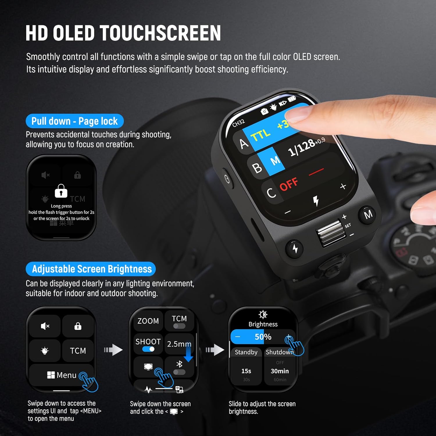 The wireless flash trigger features an OLED touchscreen