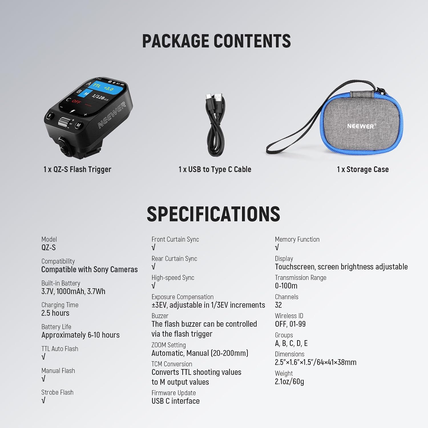 Specifications of the NEEWER QZ-S TTL Wireless Flash Trigger for Sony