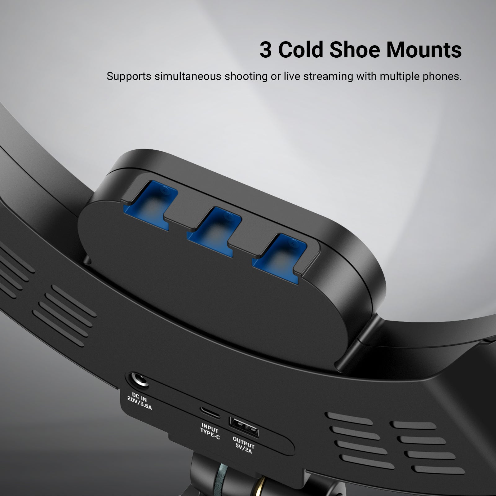 NEEWER RB18B cordless ring light features 3 cold shoe mounts and supports simultaneous shooting or live streaming with multiple phones.