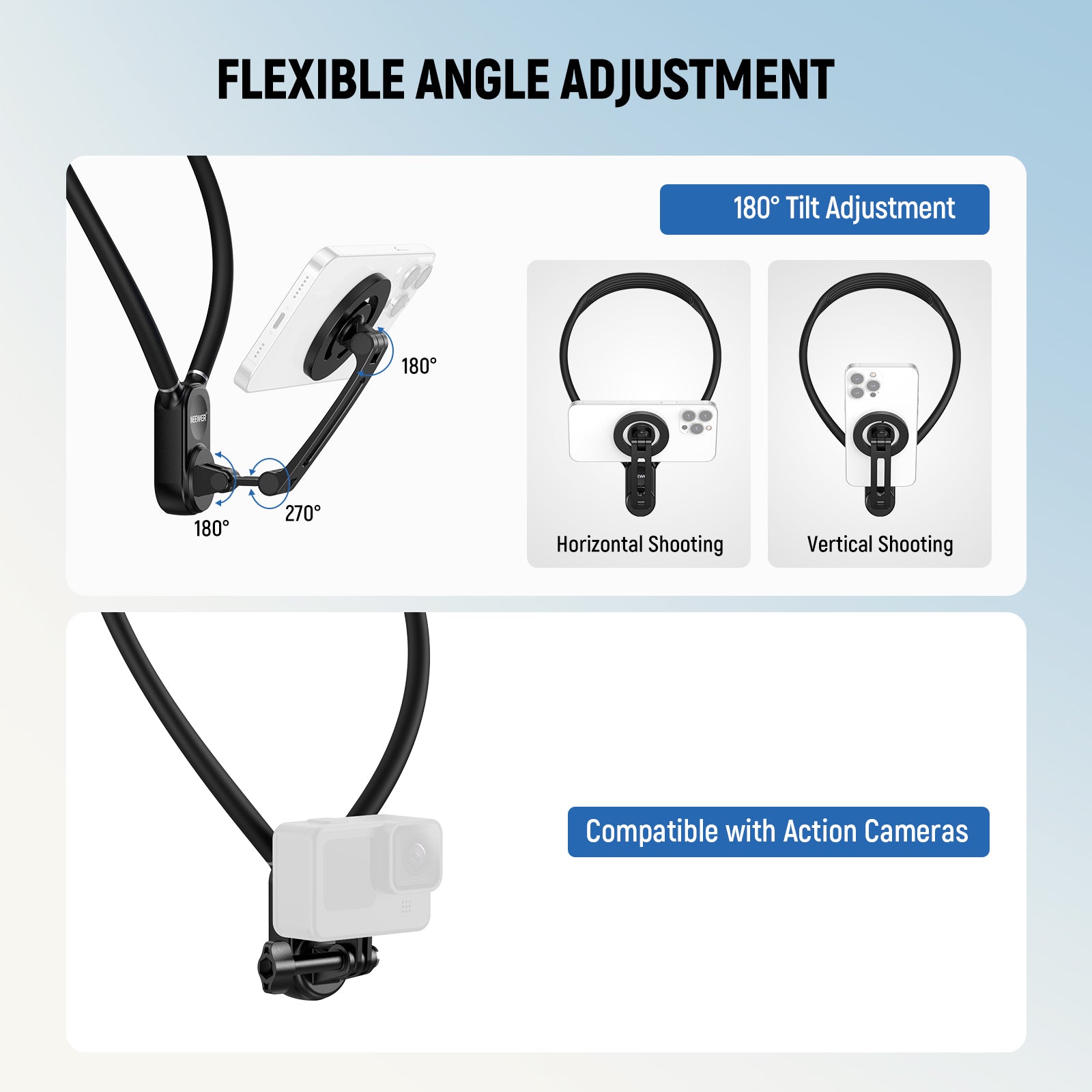 The trifold magnetic neck phone holder features three joints that adjust up to 180°