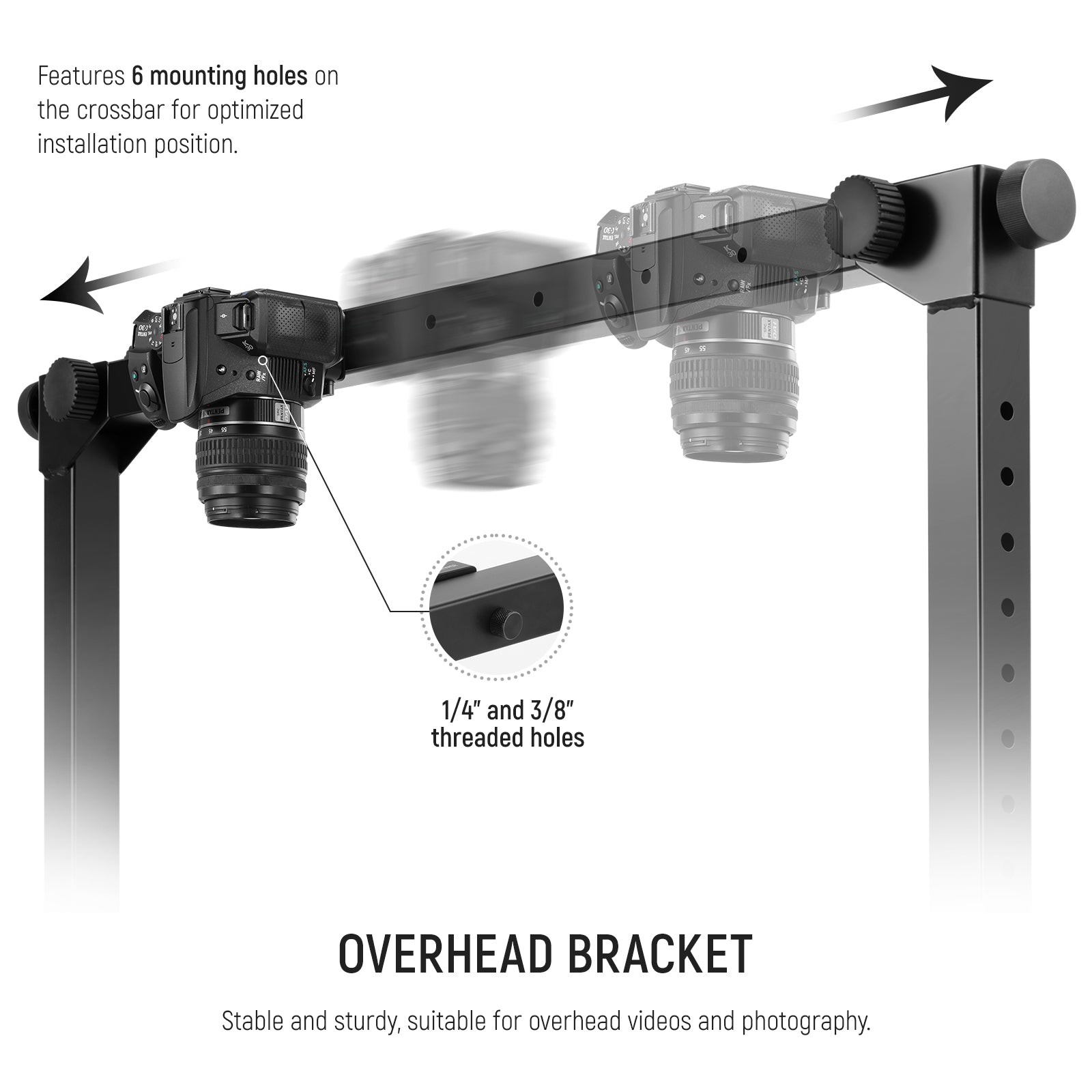 NEEWER ST200 Overhead Camera Stand features 6 mounting holes on the croossbar.
