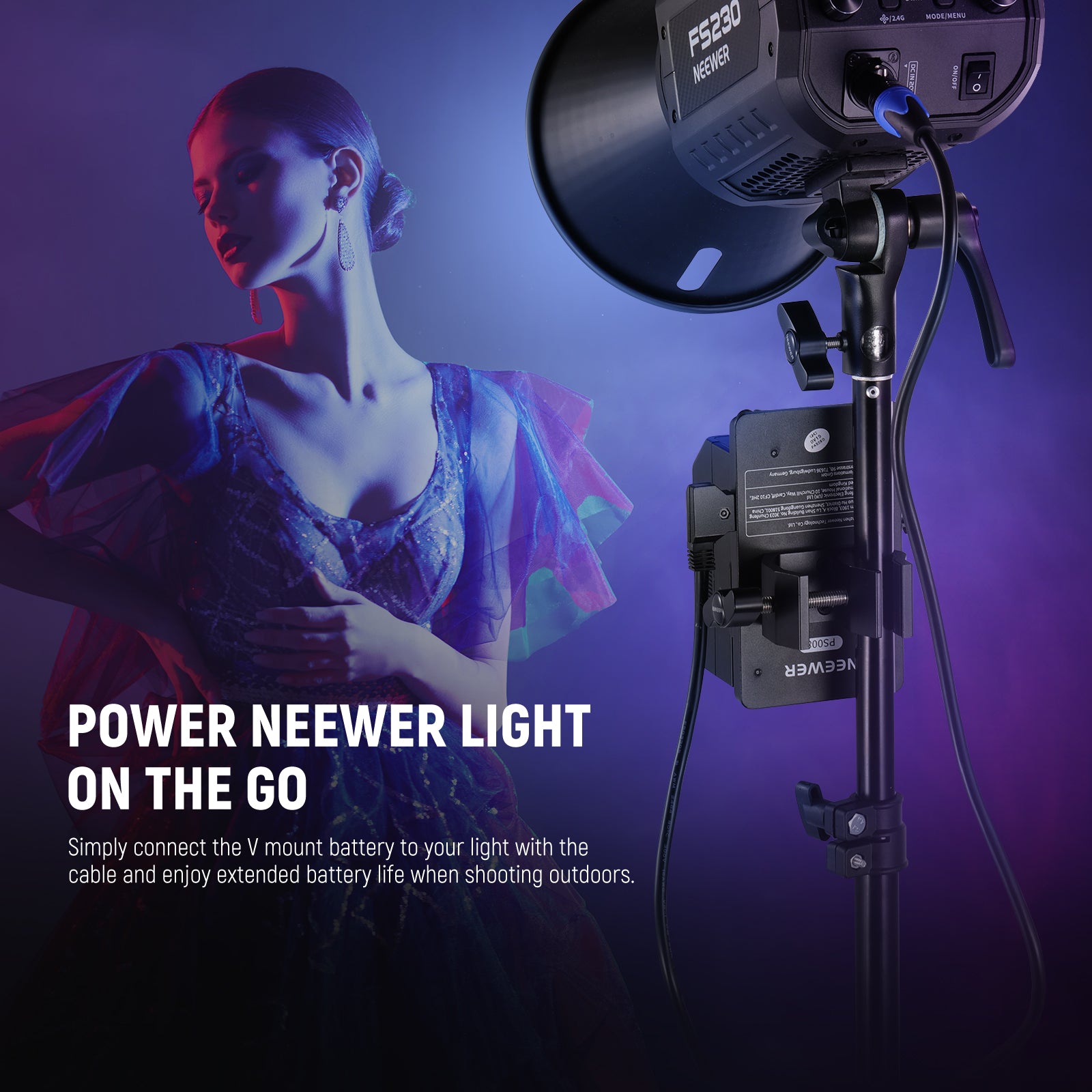 Simply connect the V mount battery to your light with NEEWER NC009 D Tap to 3 Pin XLR Cable