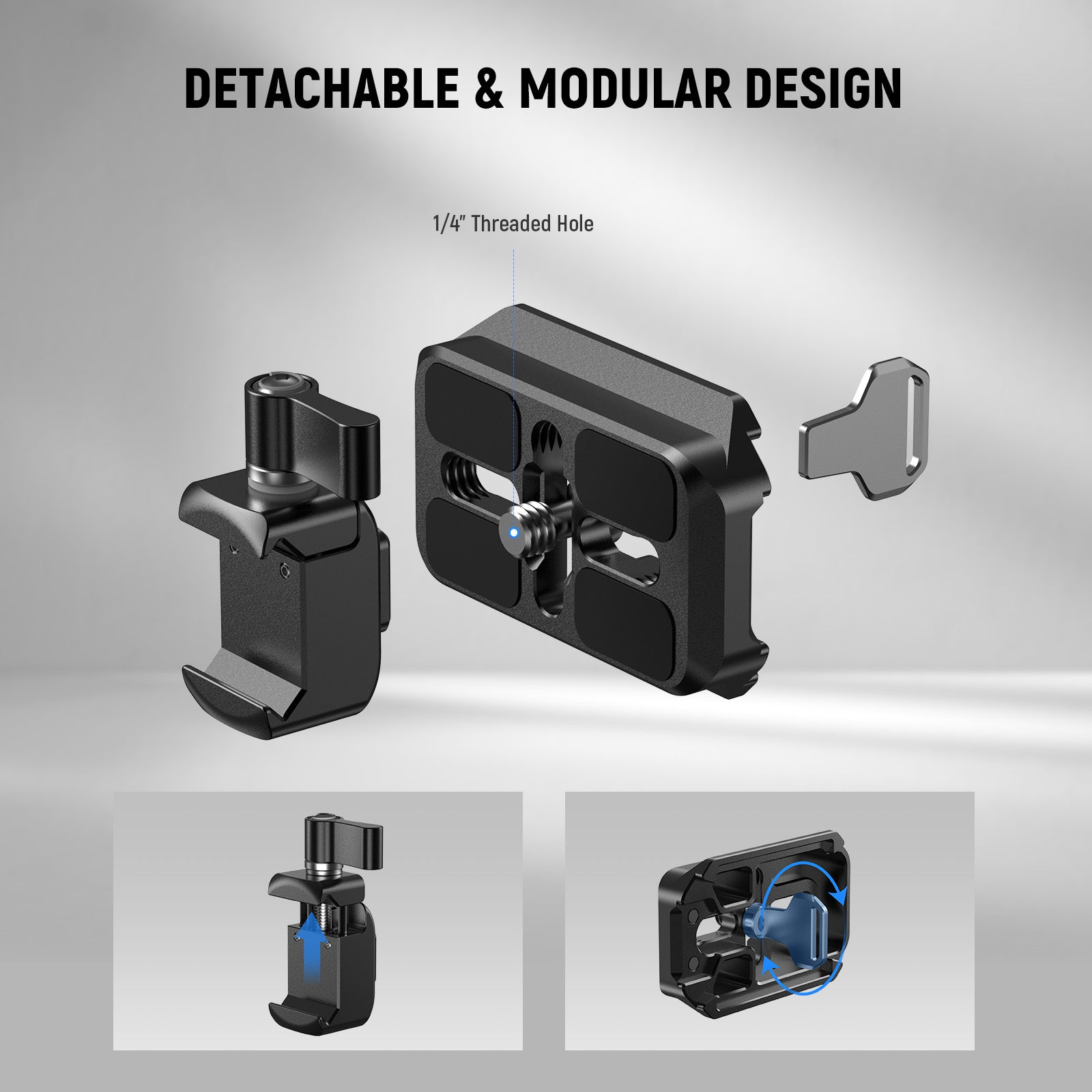 NEEWER CA129 Arca Type QR Plate Adapter features detachable and modular design.