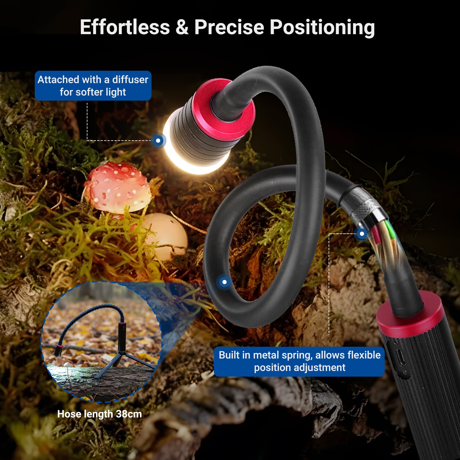 The NEEWER ML01 Macro Photography Light provides lighting for photographing mushrooms