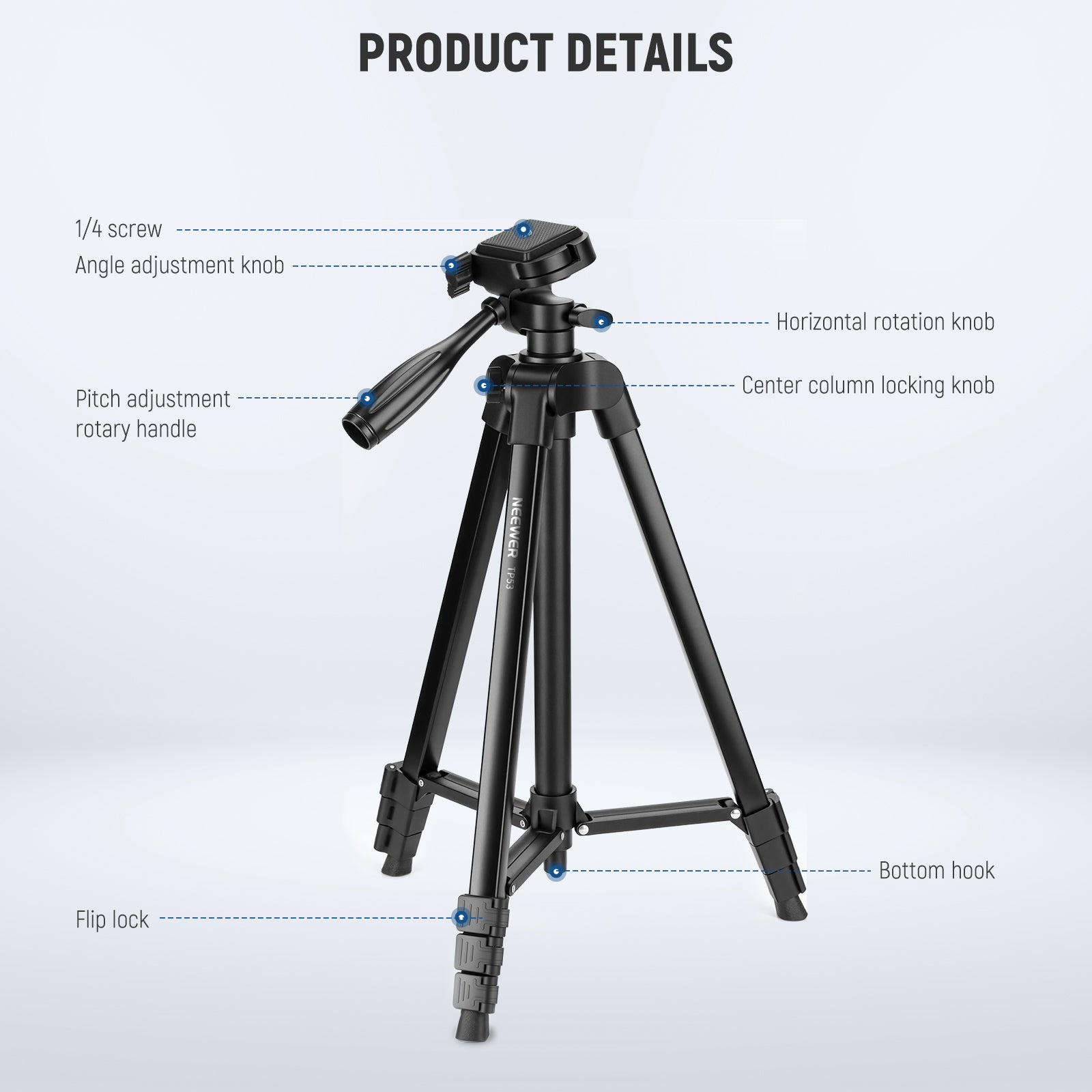 Product details of the NEEWER TP53 Metal Travel Tripod