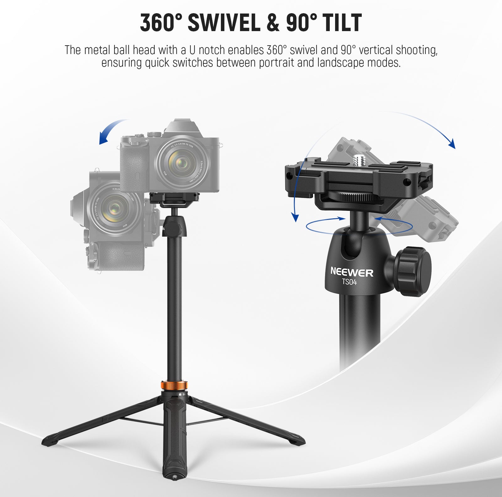 NEEWER BASICS TS04 Tabletop Tripod allows for 360° swivel and 90° vertical shooting