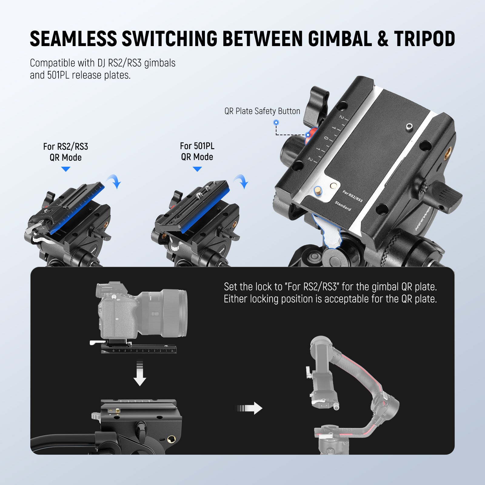 Swiftly switch between tripod stand and handheld stabilizer shooting modes with this tripod head