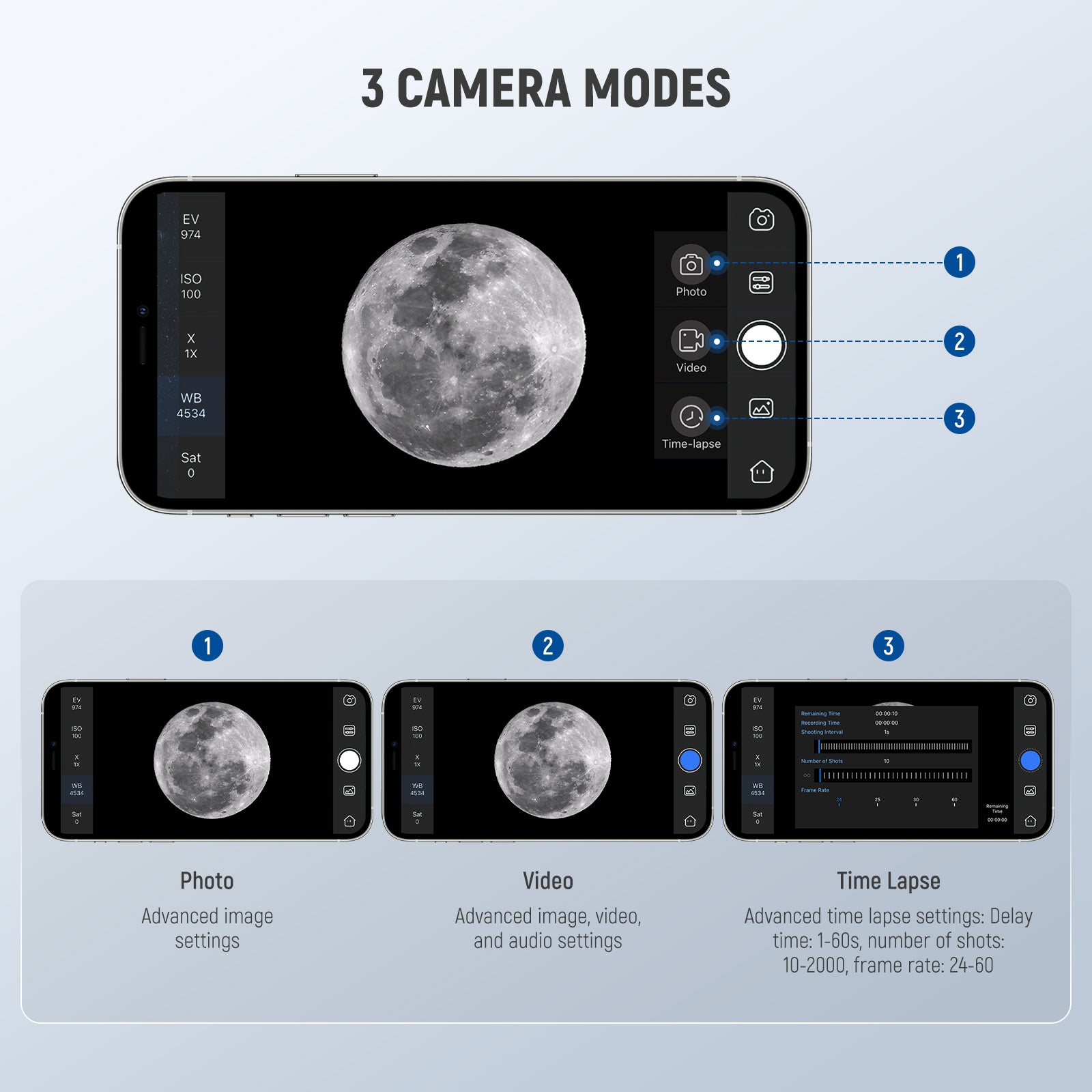 NEEWER LS-T22 Electronic Telescope Eyepiece has 3 camera modes.