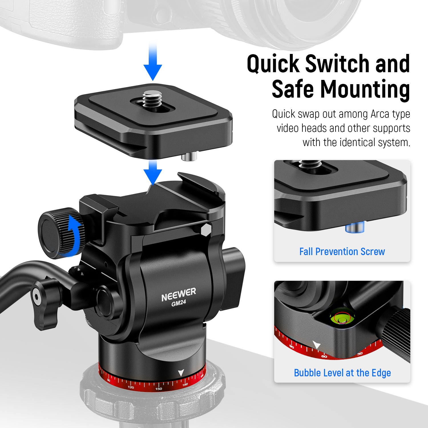 The tripod head also features a bubble level to keep horizons straight.