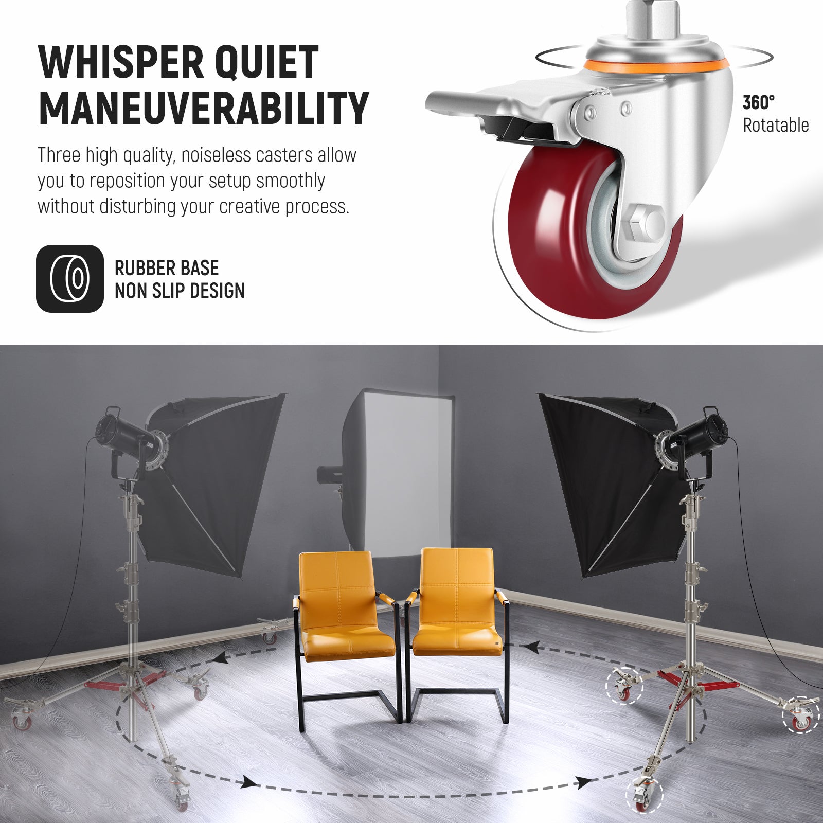 NEEWER ST240SS Rolling Light Stand has three noiseless casters.