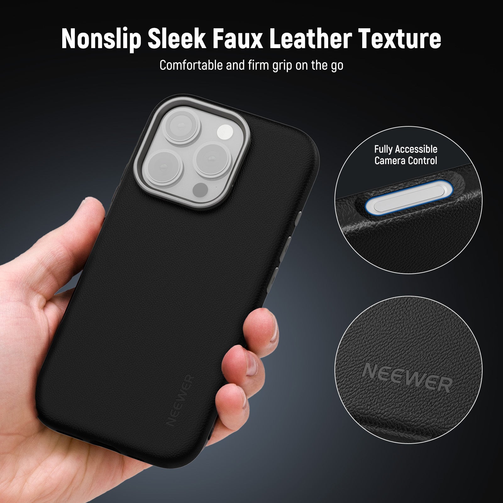 NEEWER PA083P Black Case with 3 Backplates for iPhone 16 Pro is made of nonslip sleek faux leather texture.