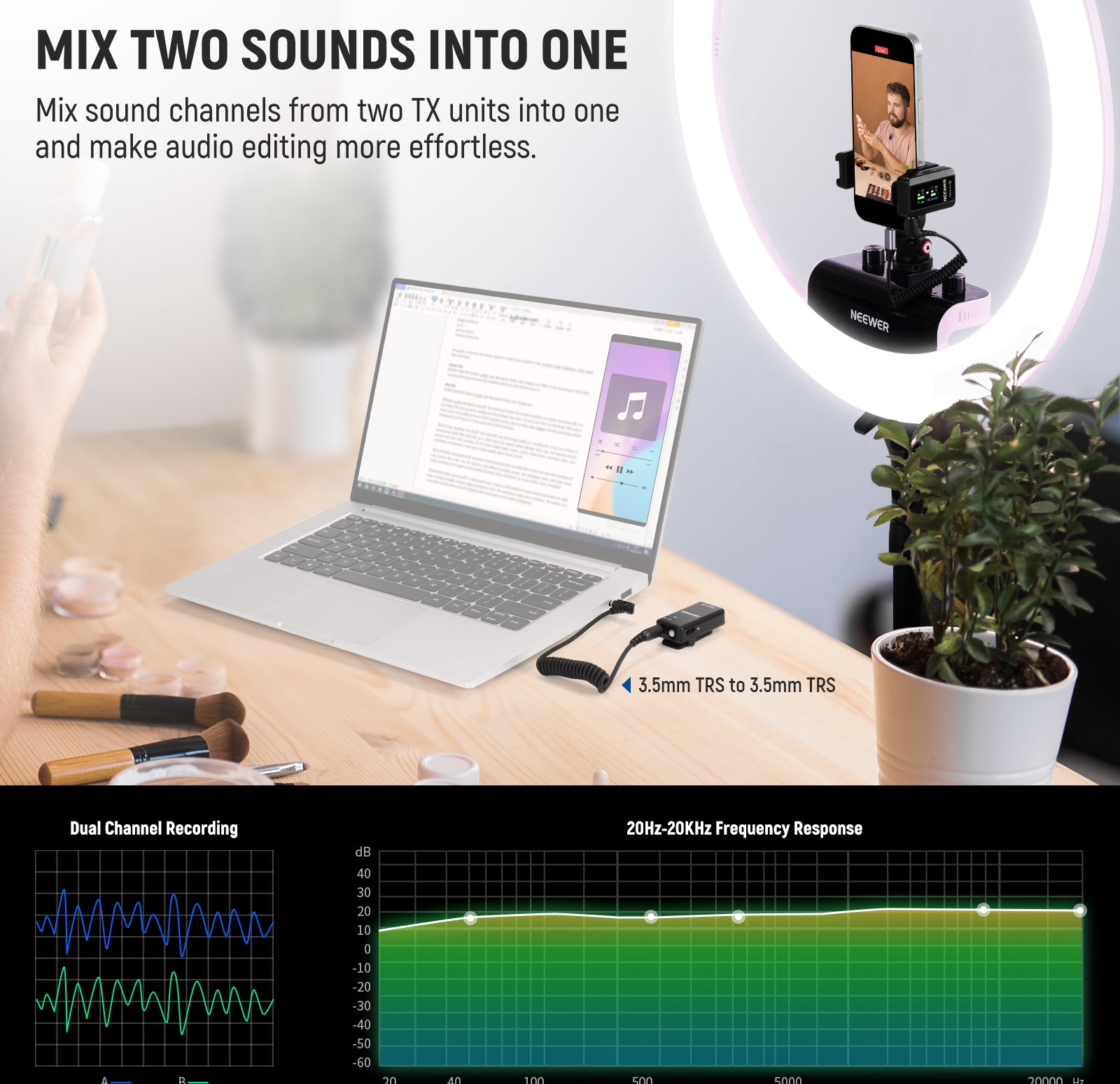 NEEWER CM28 PRO Wireless Mic System can mix sound channels from two TX units into one.