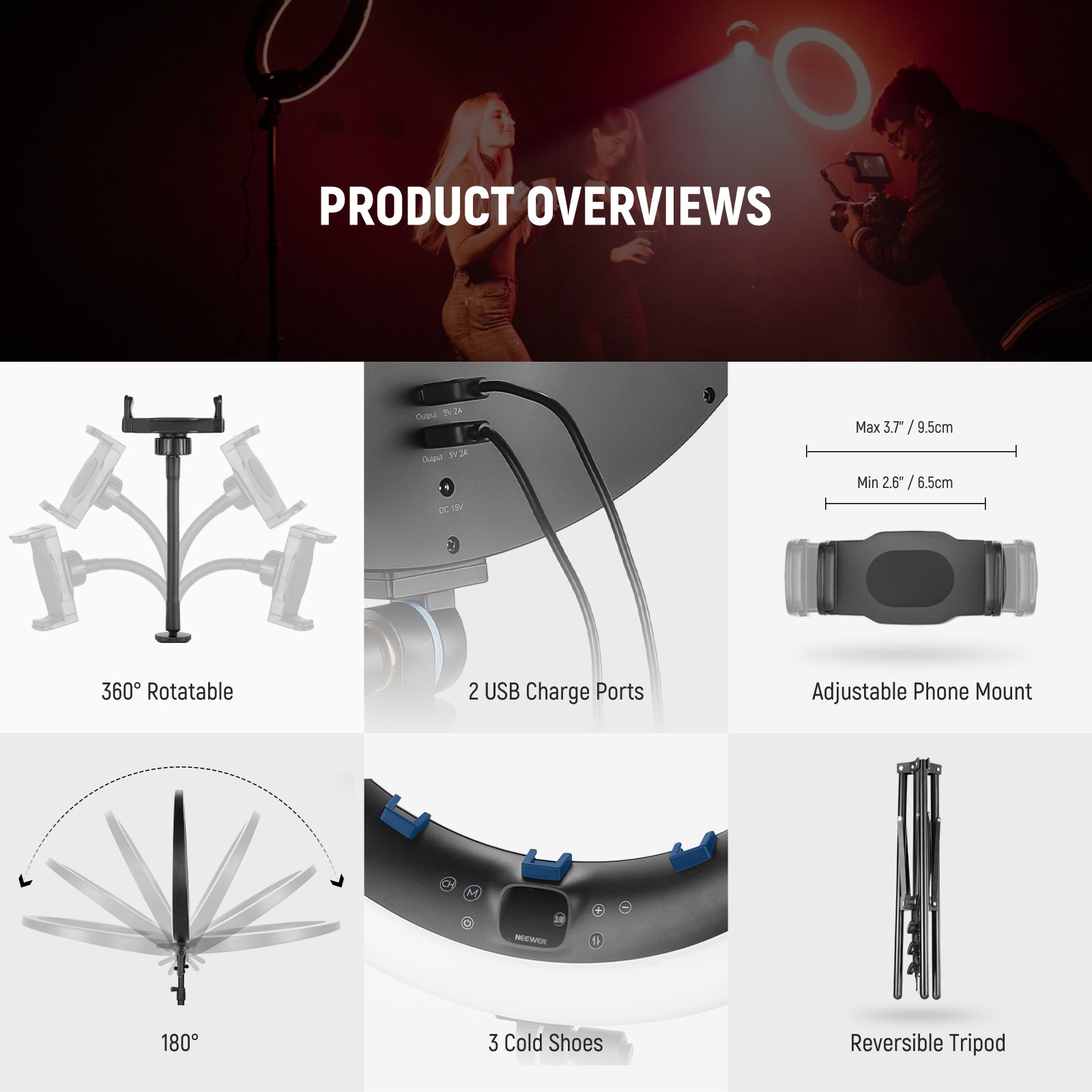 Product overviews of the NEEWER RP19C 19" RGB LED Ring Light