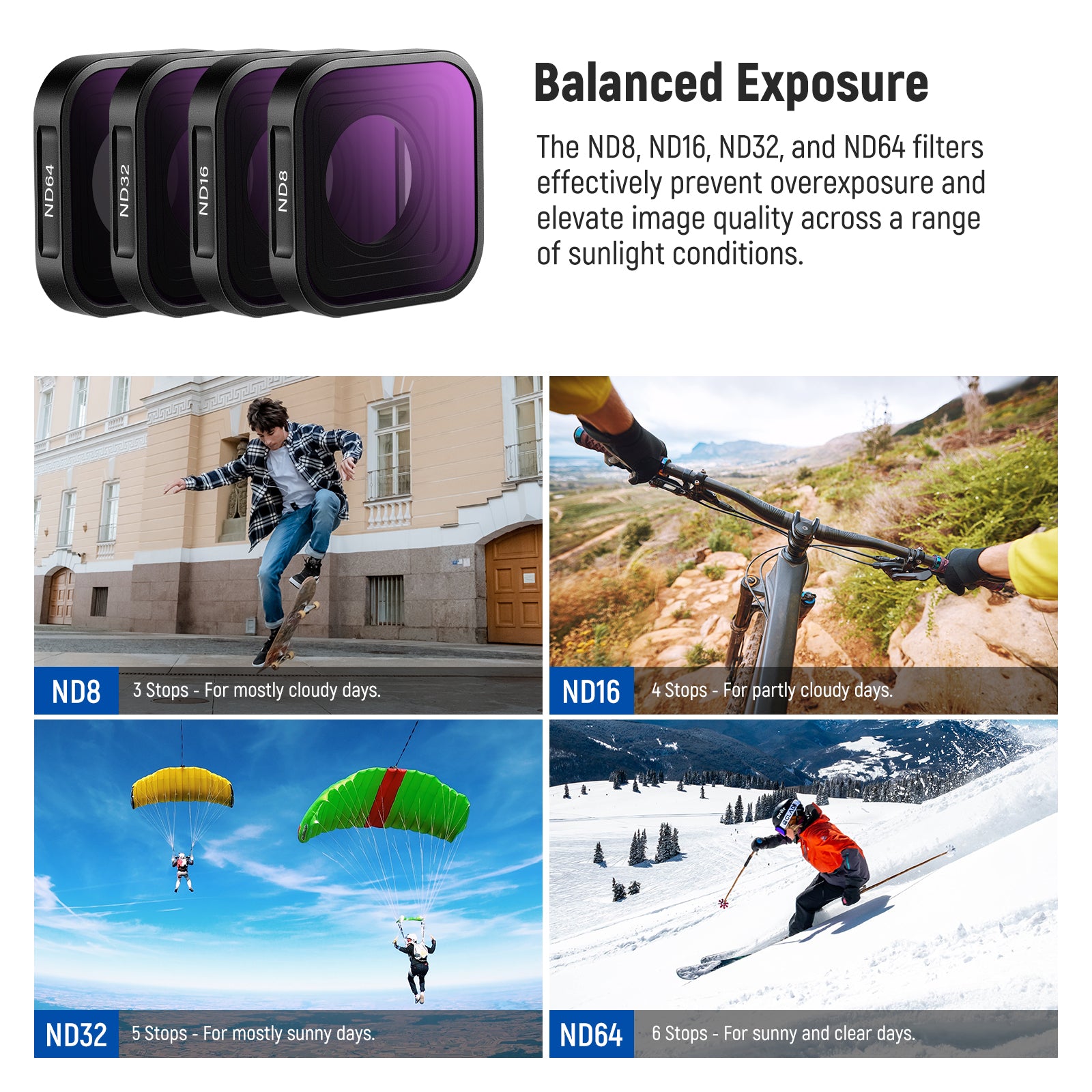 ND filters avoid overexposure in bright conditions.