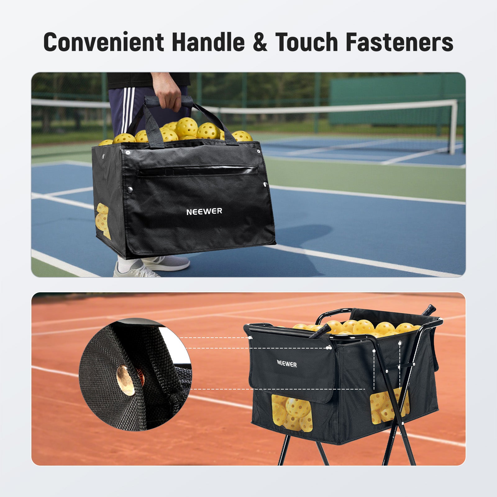 The detachable bag features touch fasteners for quick attachment and removal, and handles for more portable transport than bulky machine equipment.