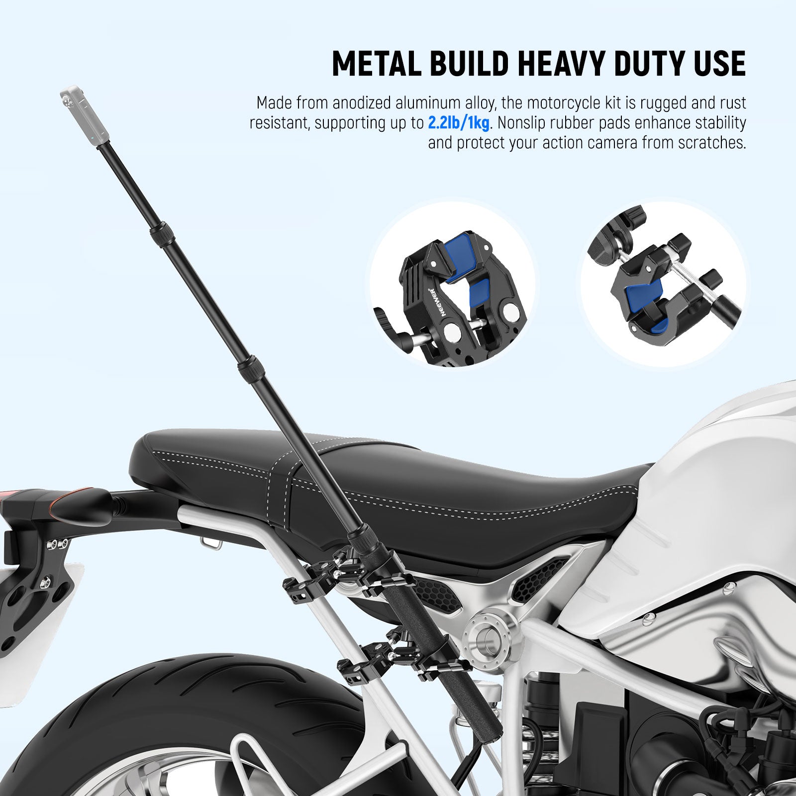 The motorcycle kit is sturdy, rust resistant, and supports up to 2.2lb/1kg.