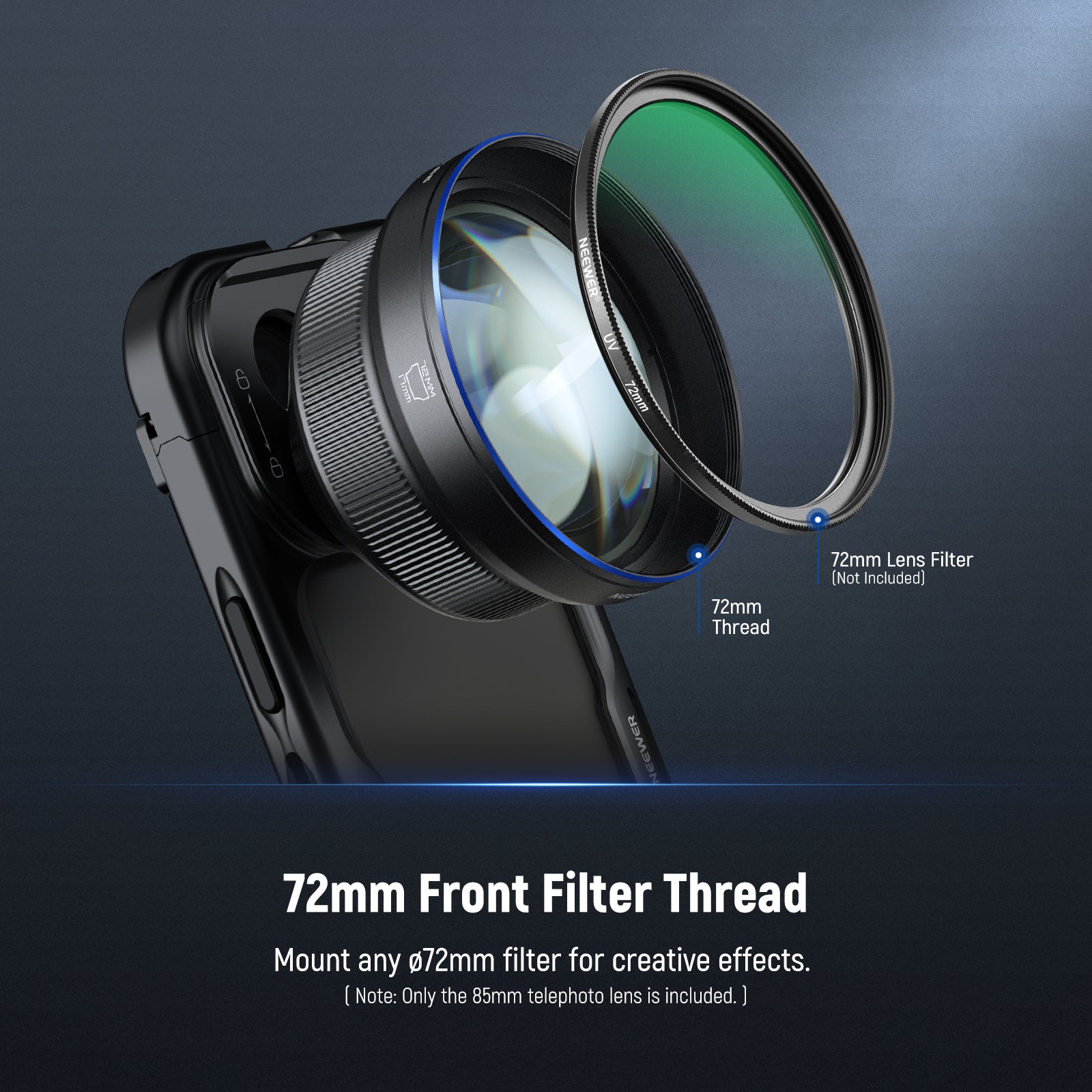 Features a front M72 x 0.75 threaded front interface to attach phone lens filters
