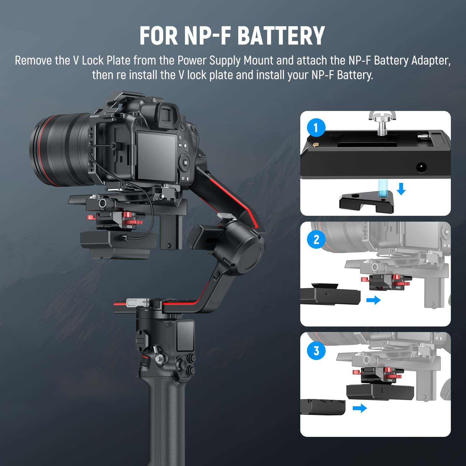 The V mount battery plate features a standard V lock interface