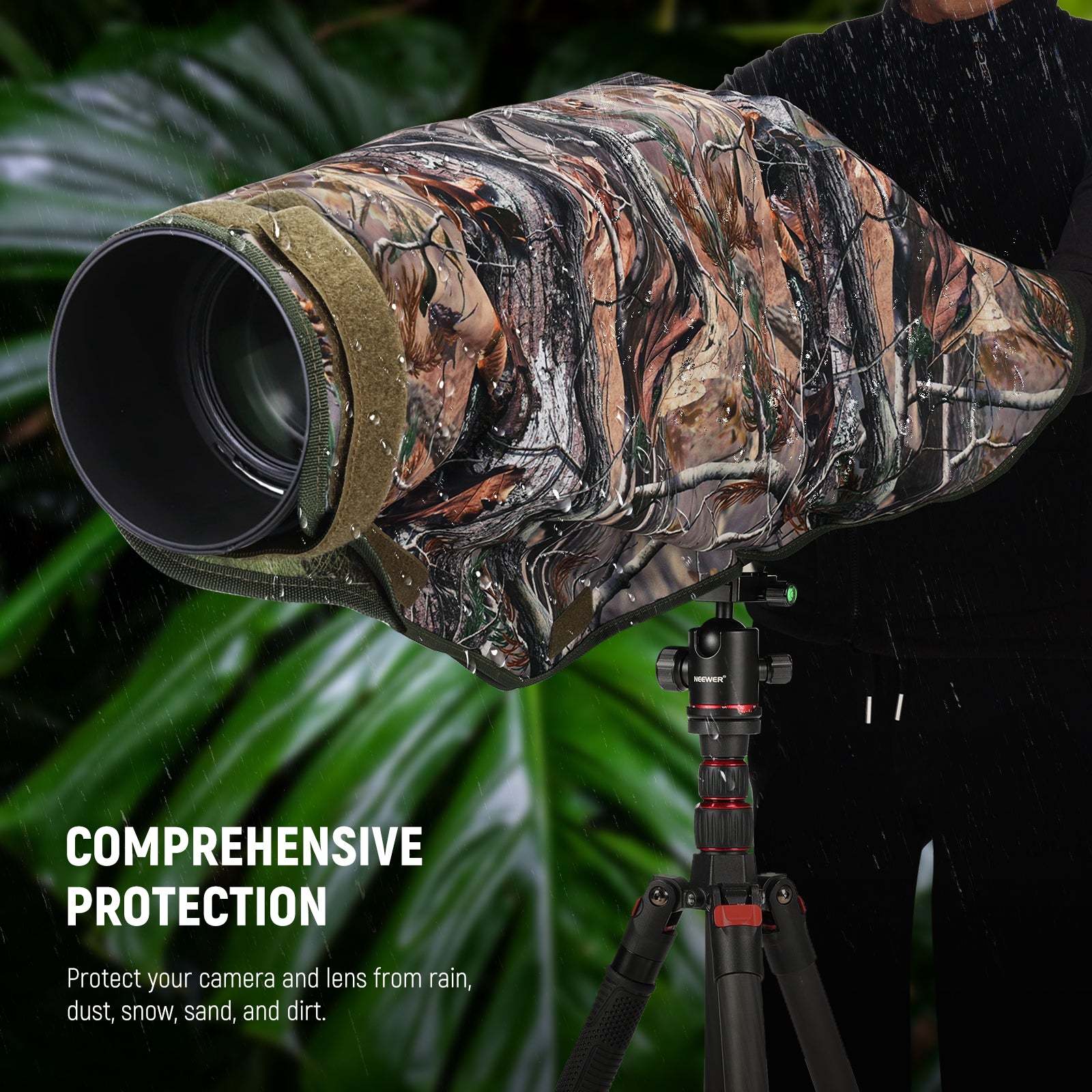 NEEWER Dual Sided Camouflage Camera Rain Cover protects your camera and lens from rain.