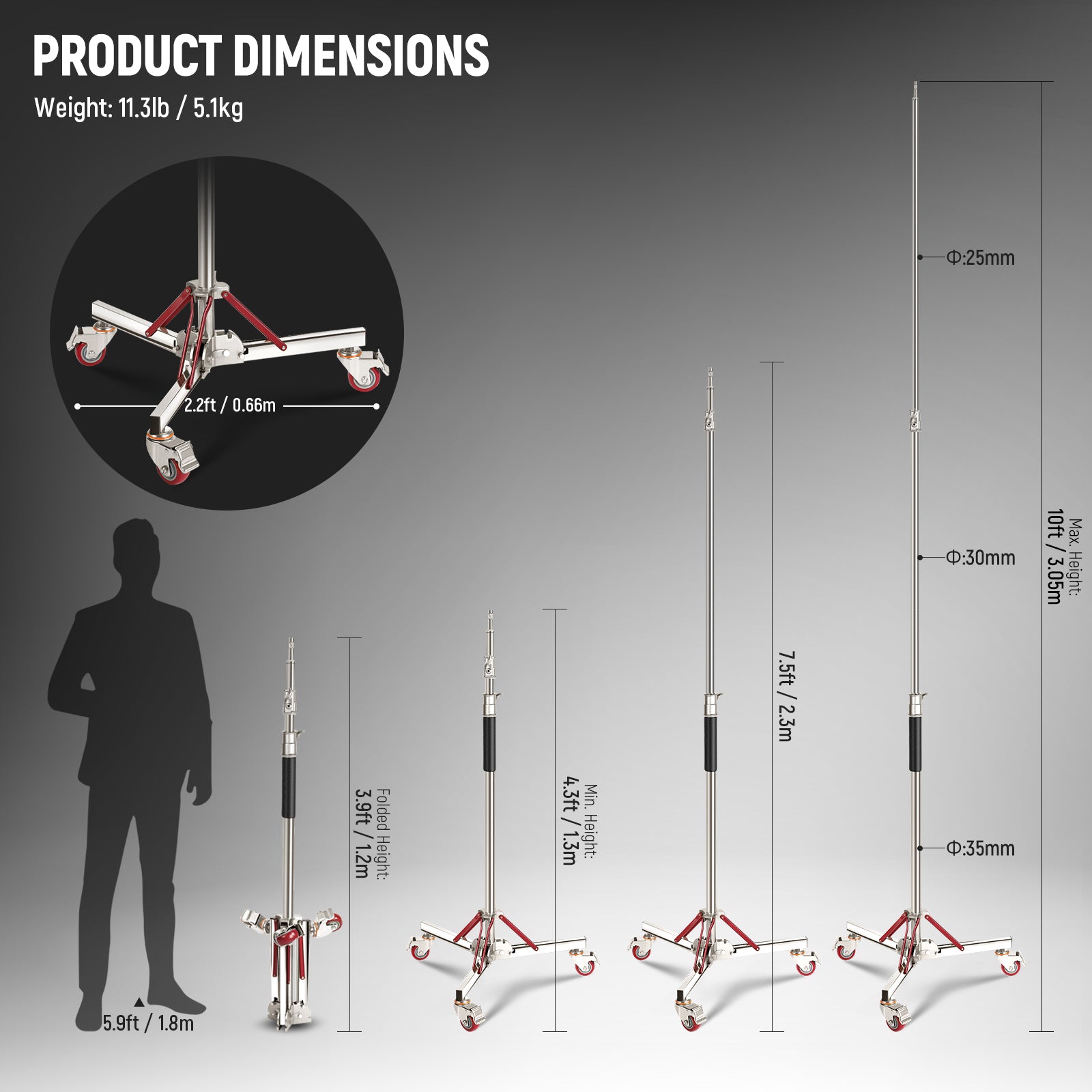 Product dimensions of the NEEWER SC305AW Light Stand with Wheels