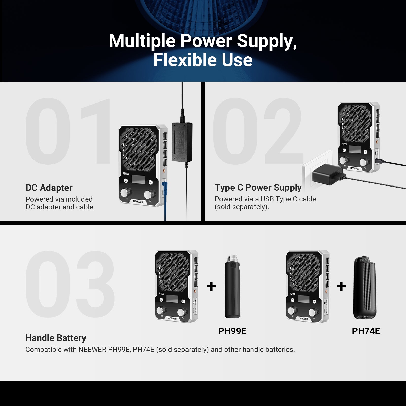 The NEEWER FS100B soft film light can be powered via the included DC adapter and cable, USB-C cable, and battery grips.