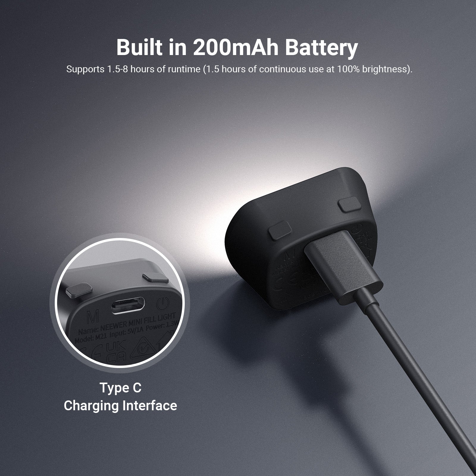 NEEWER mini LED soft panel light has a built-in 200mAh battery.