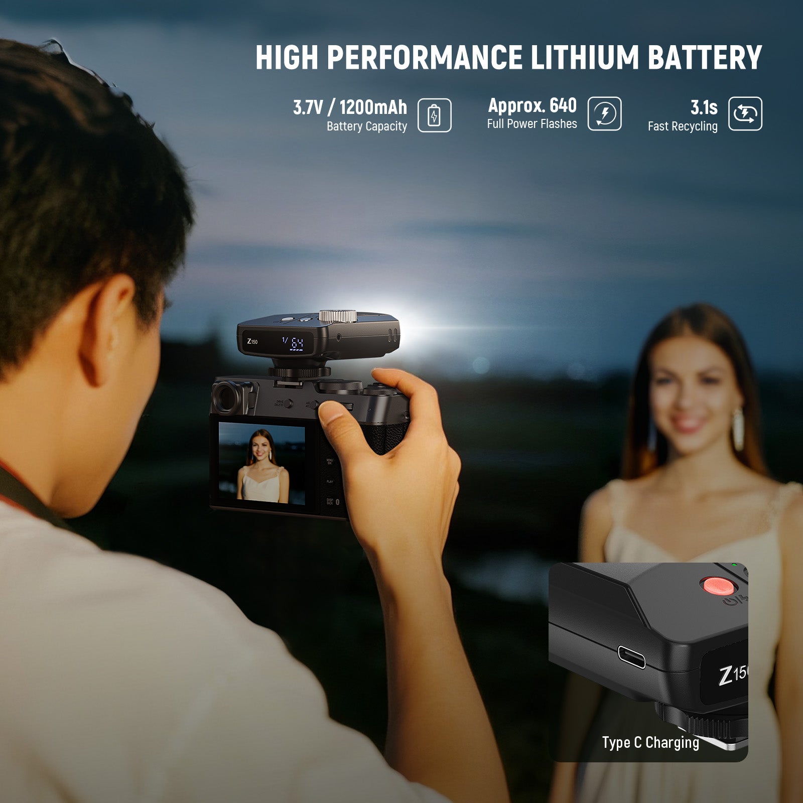 The pocket sized camera flash brings up to 640 full power flashes on a full charge.