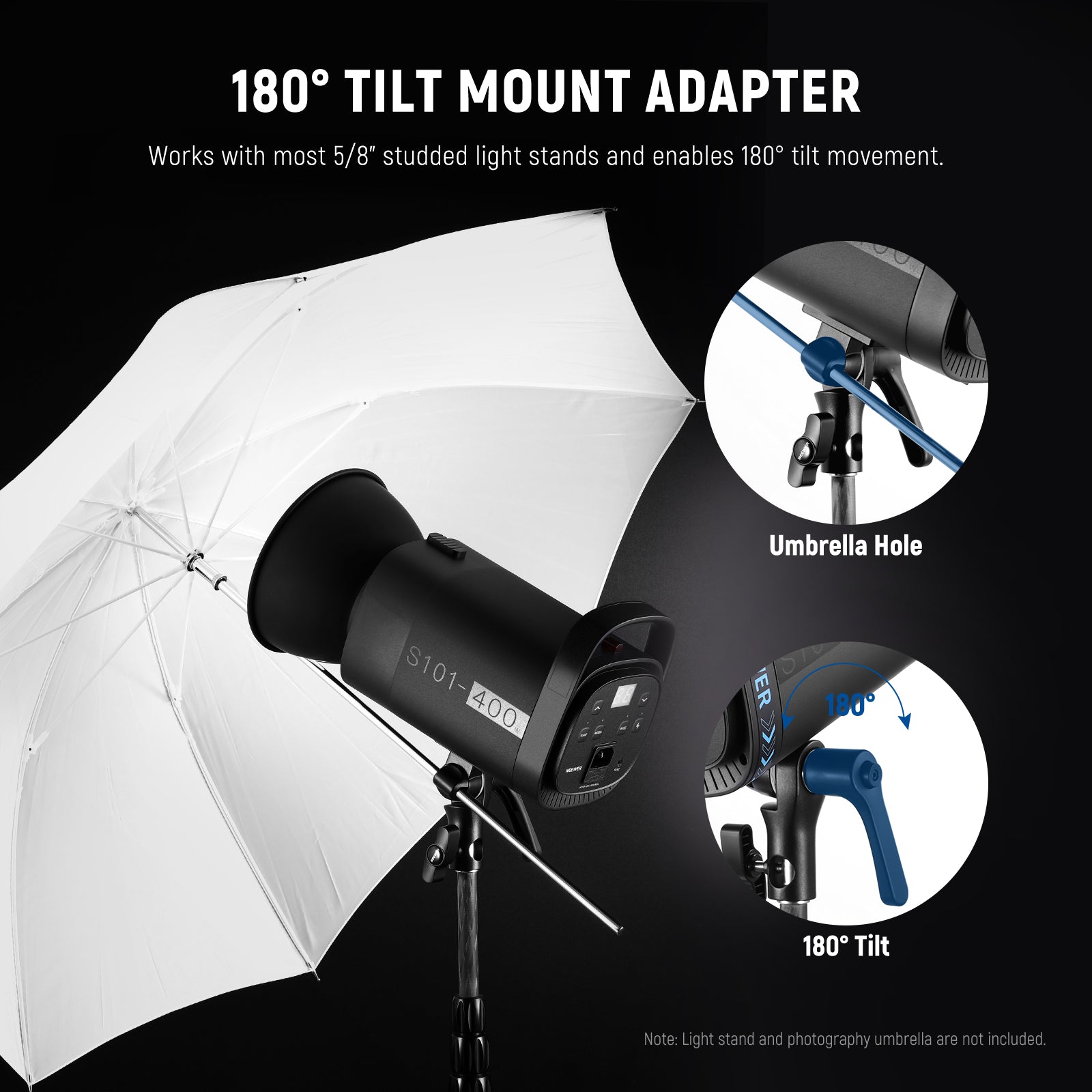NEEWER S101-400W professional studio monolight flash features the 180° tilt mount adapter.