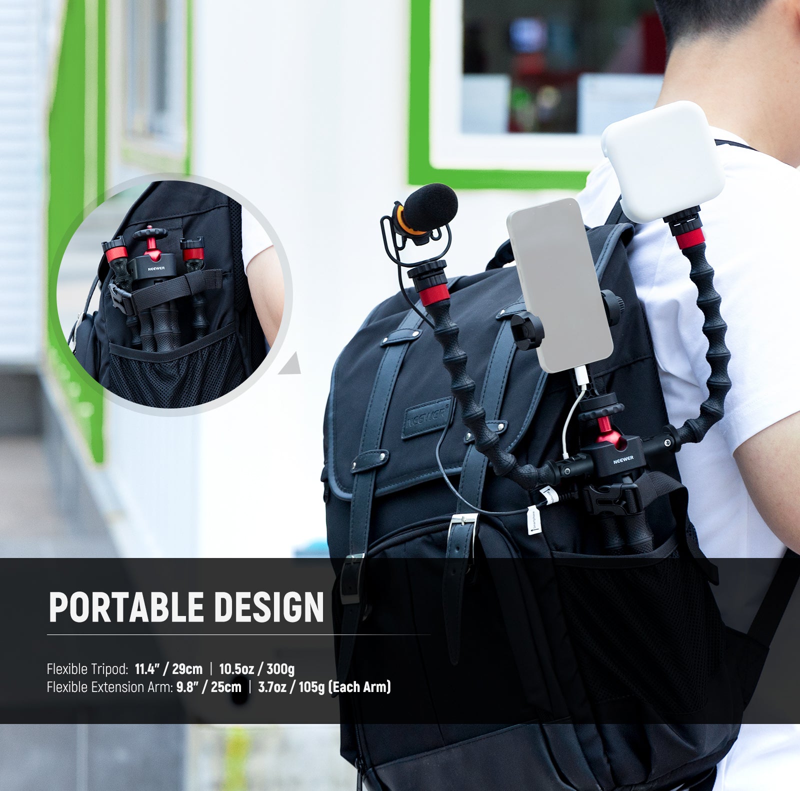 NEEWER T91 Flexible Phone Tripod with Two Magic Arms is portable.