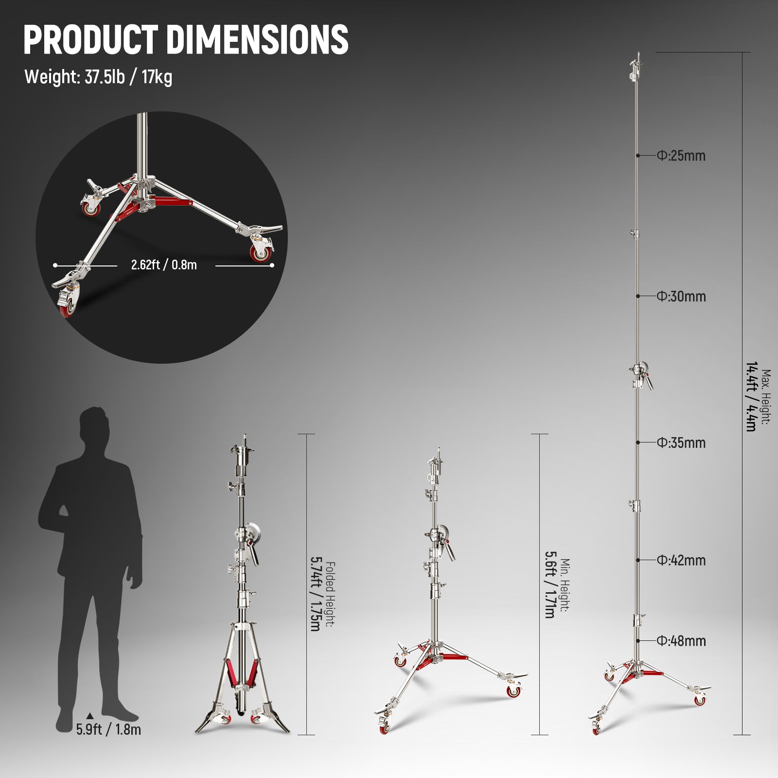 Product dimensions of the NEEWER SC440AW 14.4ft C Stand on Wheels