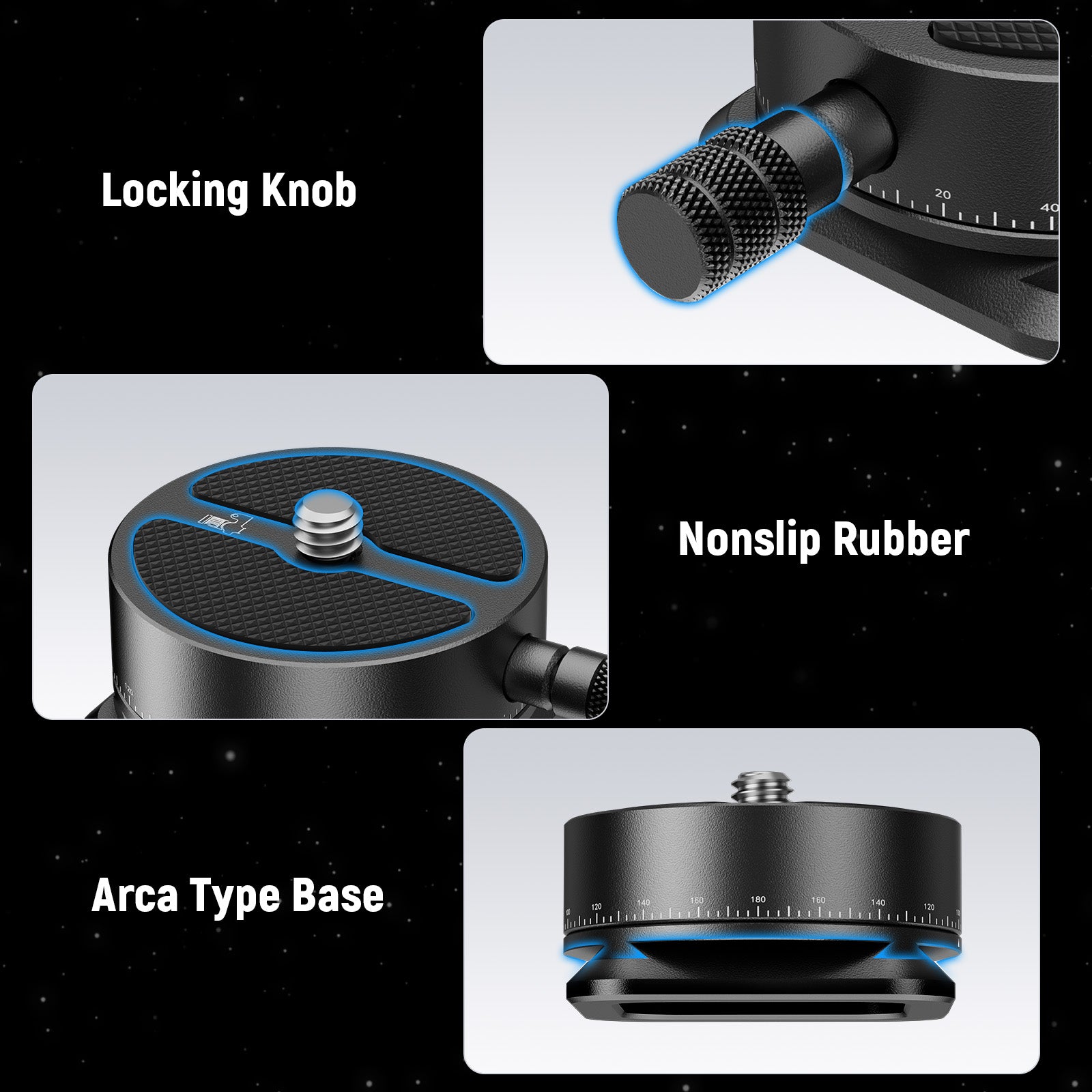 The tripod mount adapter comes with 360° scale markings and the built in bubble level