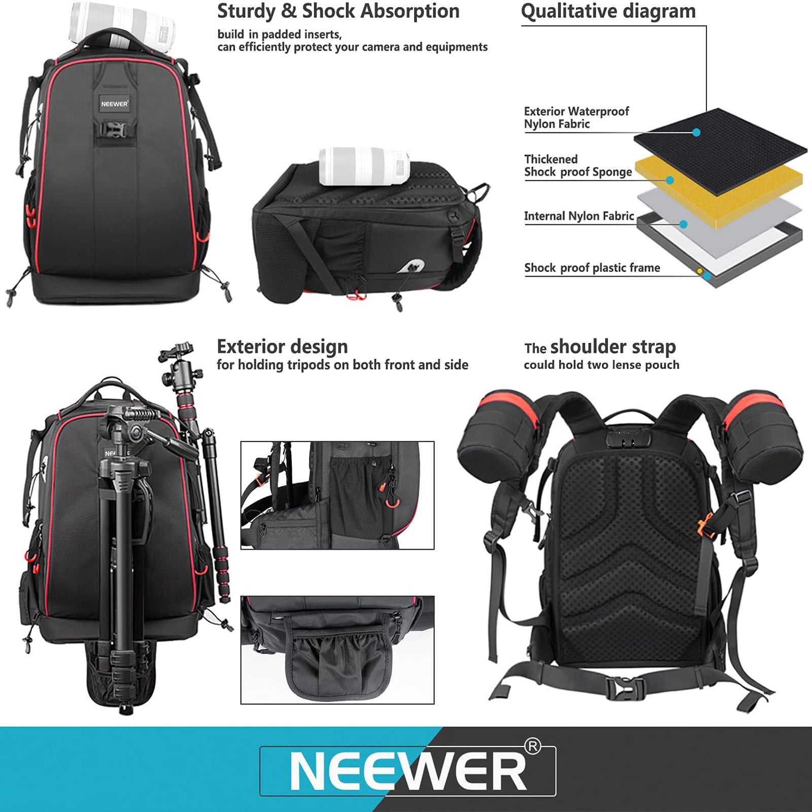 NEEWER Pro Camera Backpack can hold tripods on both front and side.