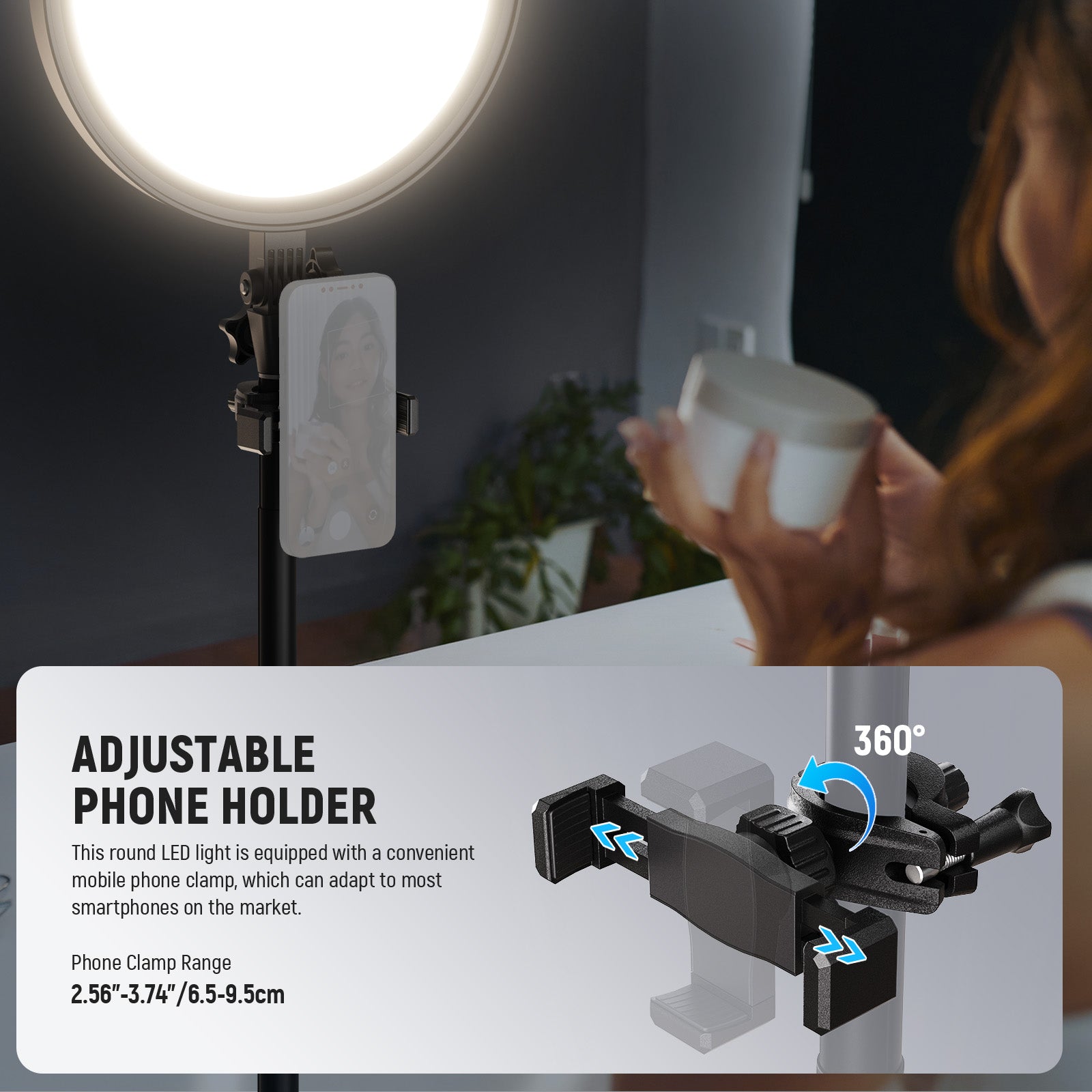 NEEWER BR13 Round Ring Light is equipped with a mobile phone clamp.