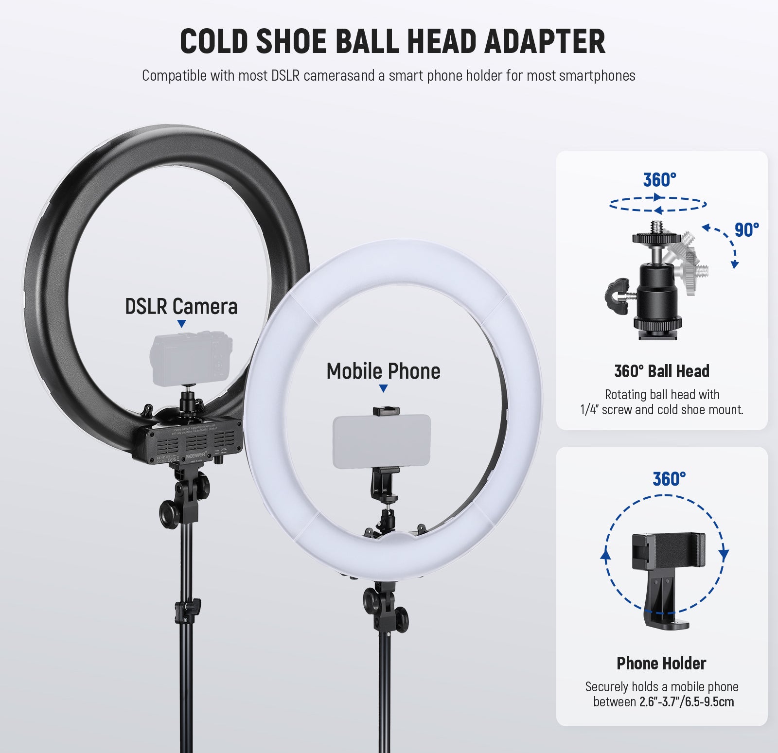 This large standing ring light with stand includes a cold shoe ball head adapter