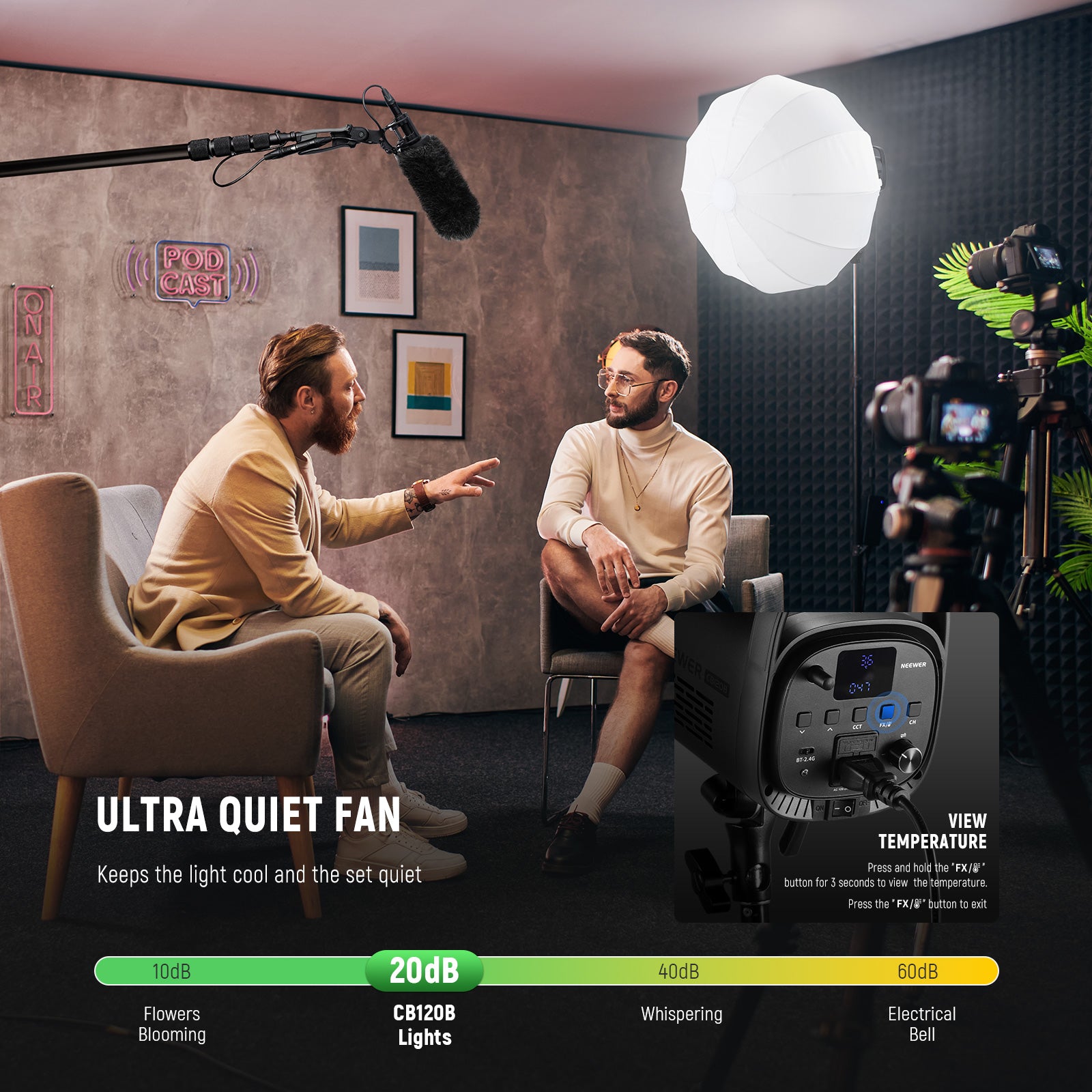 NEEWER CB120B Bi-Color LED Video Light features a ultra quiet fan.