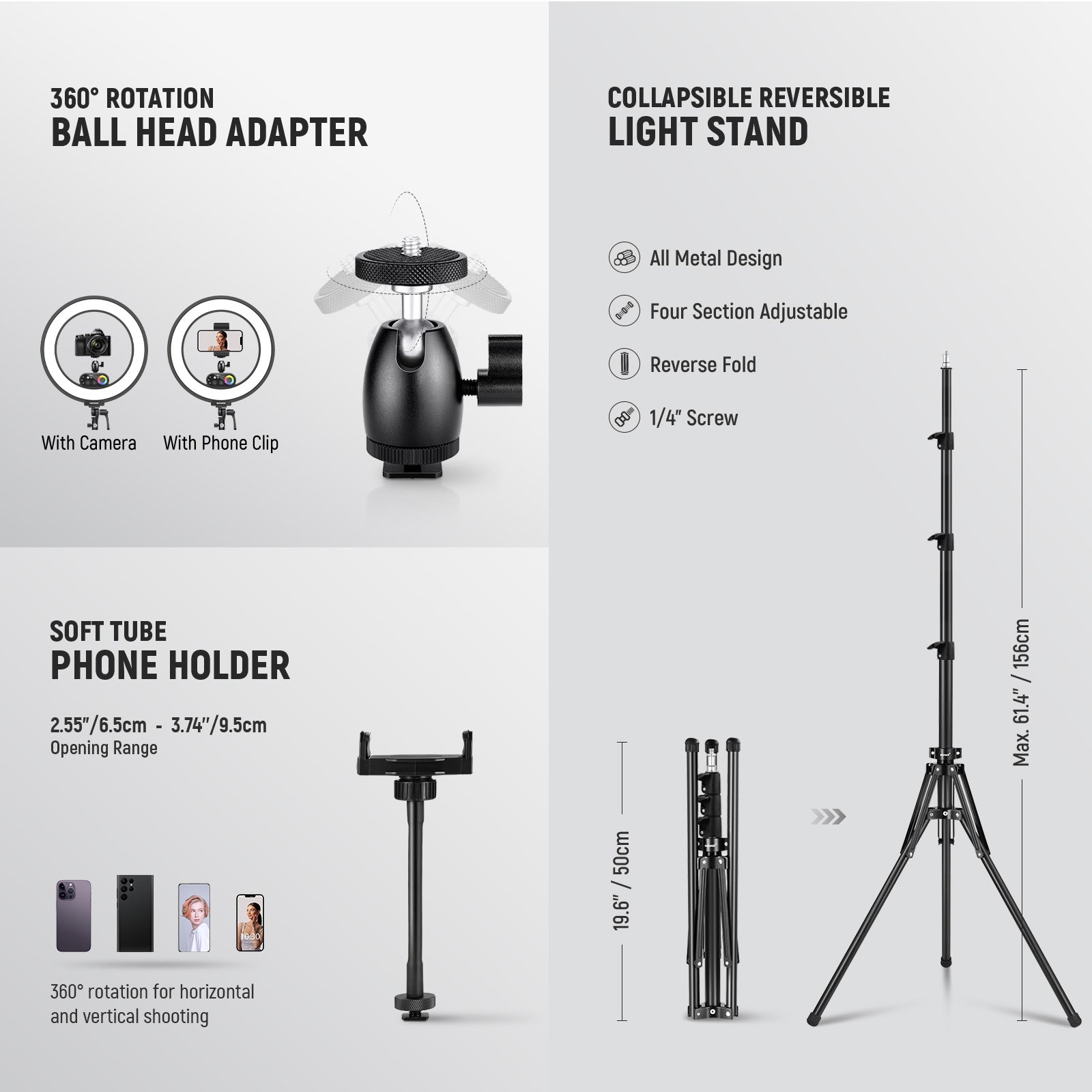 Accessories of the NEEWER RL45C RGB LED Ring Light Kit