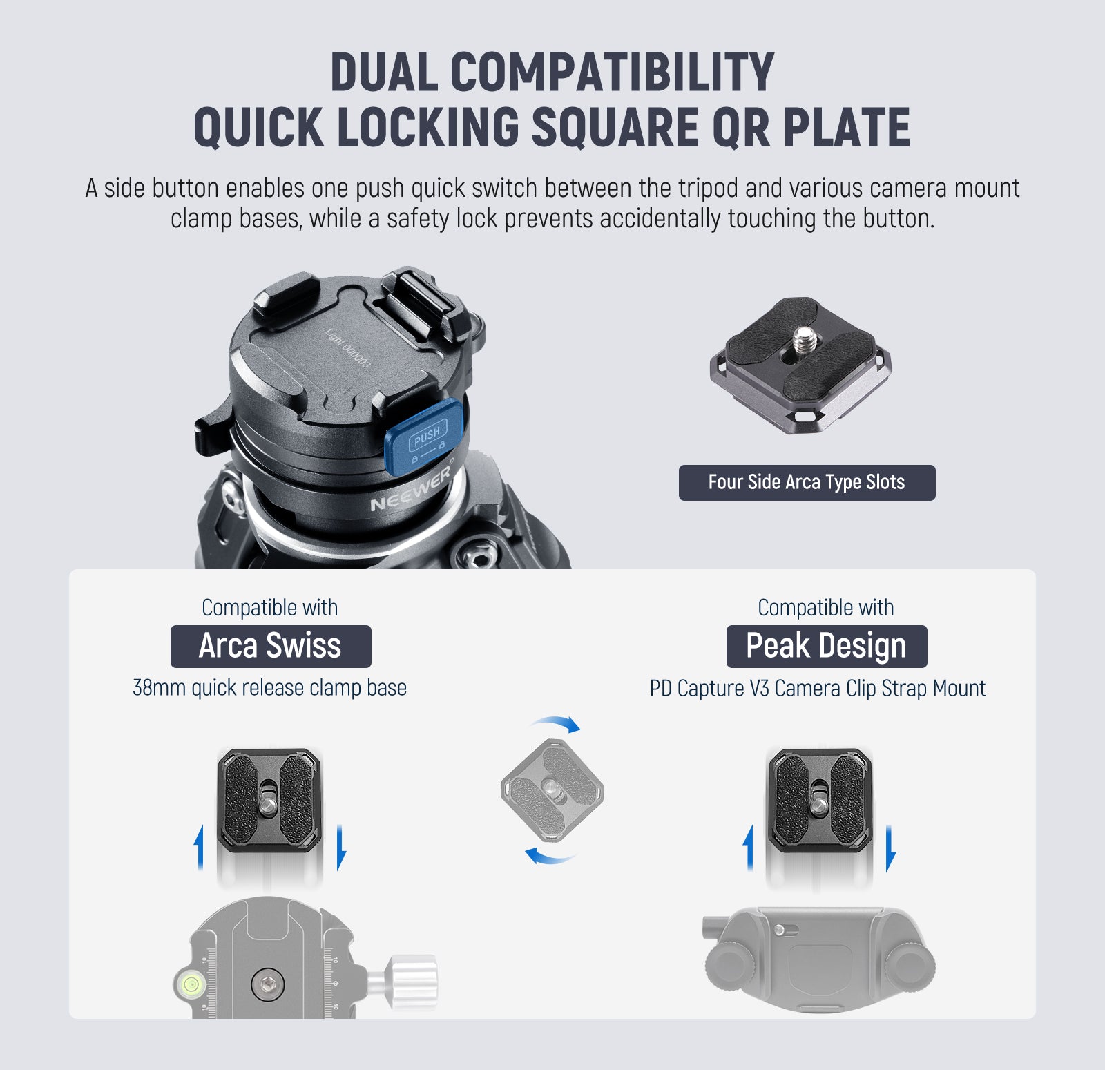A side button enables one push quick switch between the tripod and various camera mount clamp bases