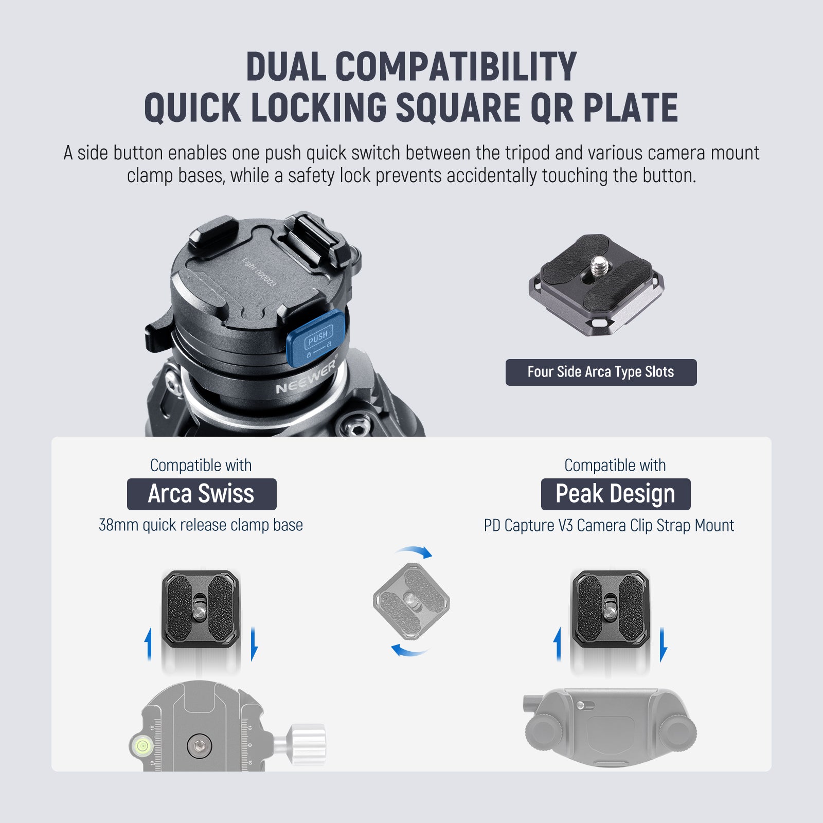 A side button enables one push quick switch between the tripod and various camera mount clamp bases