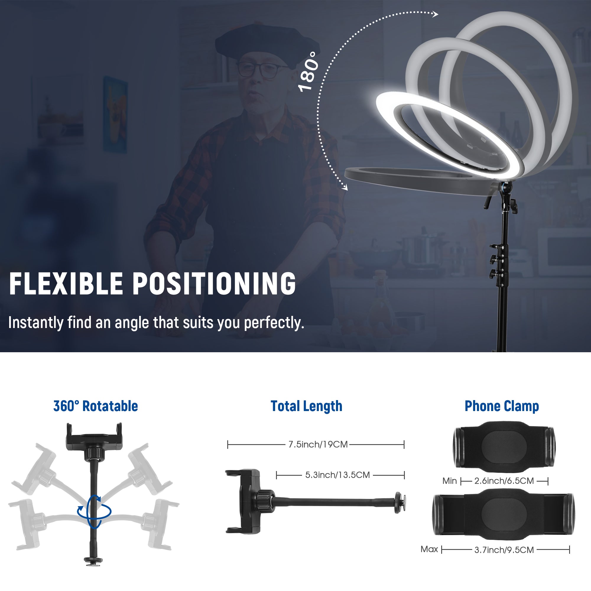 NEEWER RP19H 19 Inch LED Ring Light is flexible to position.
