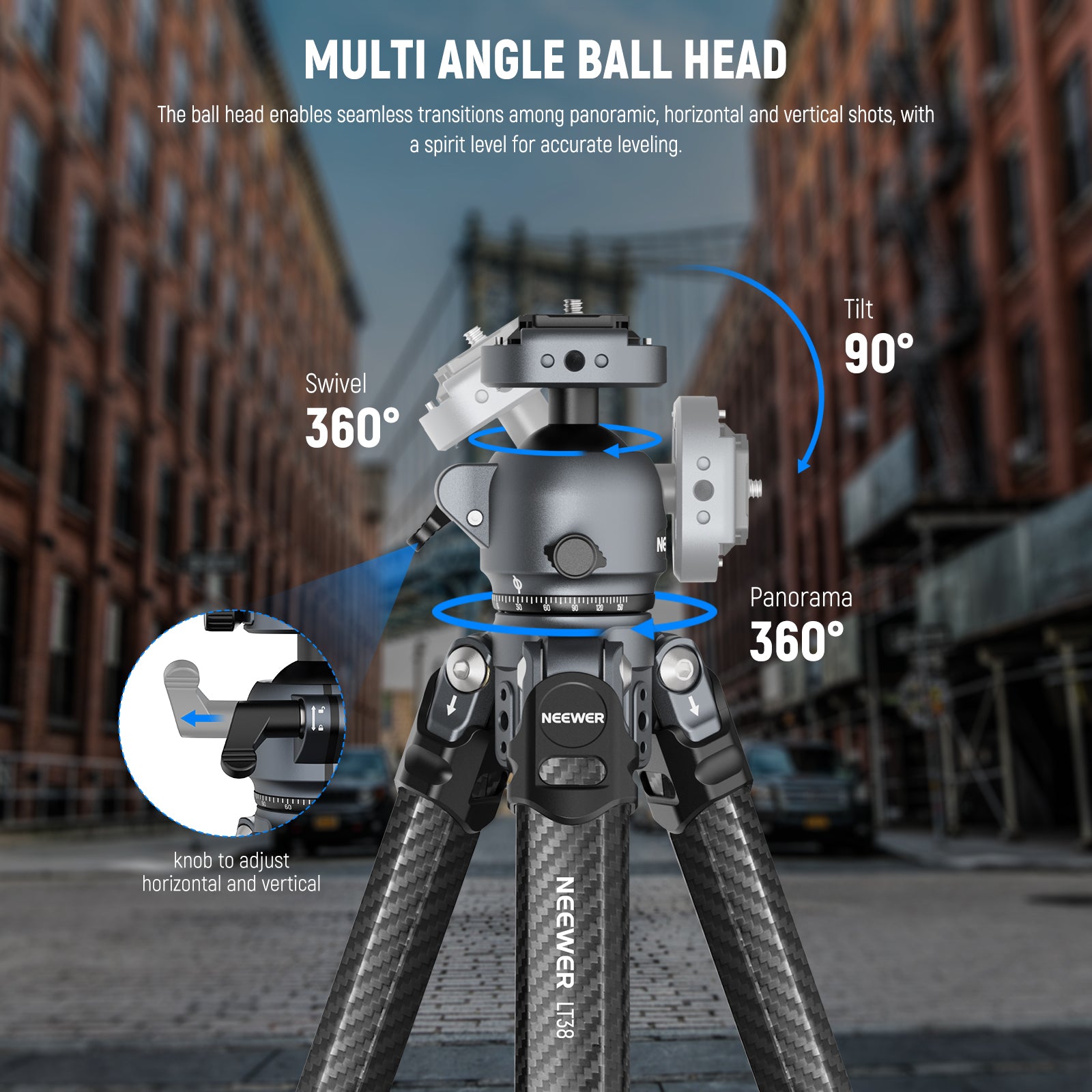 NEEWER LITETRIP LT38 Carbon Fiber Tripod features a multi angle ball head.