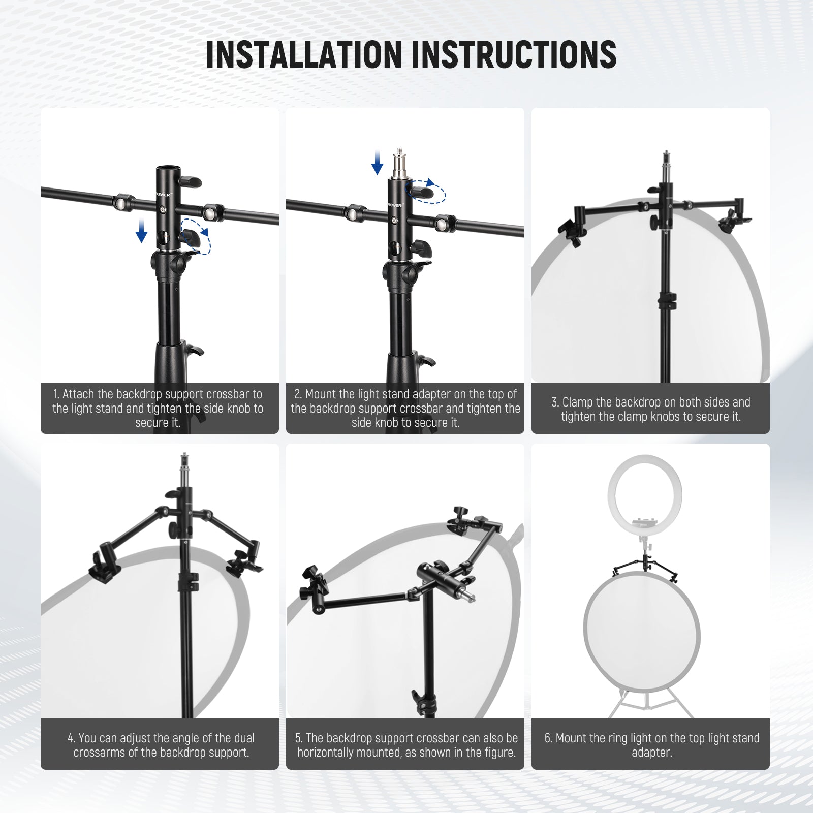 Installation instructions of the NEEWER CL-05 Portable Collapsible Backdrop Holder