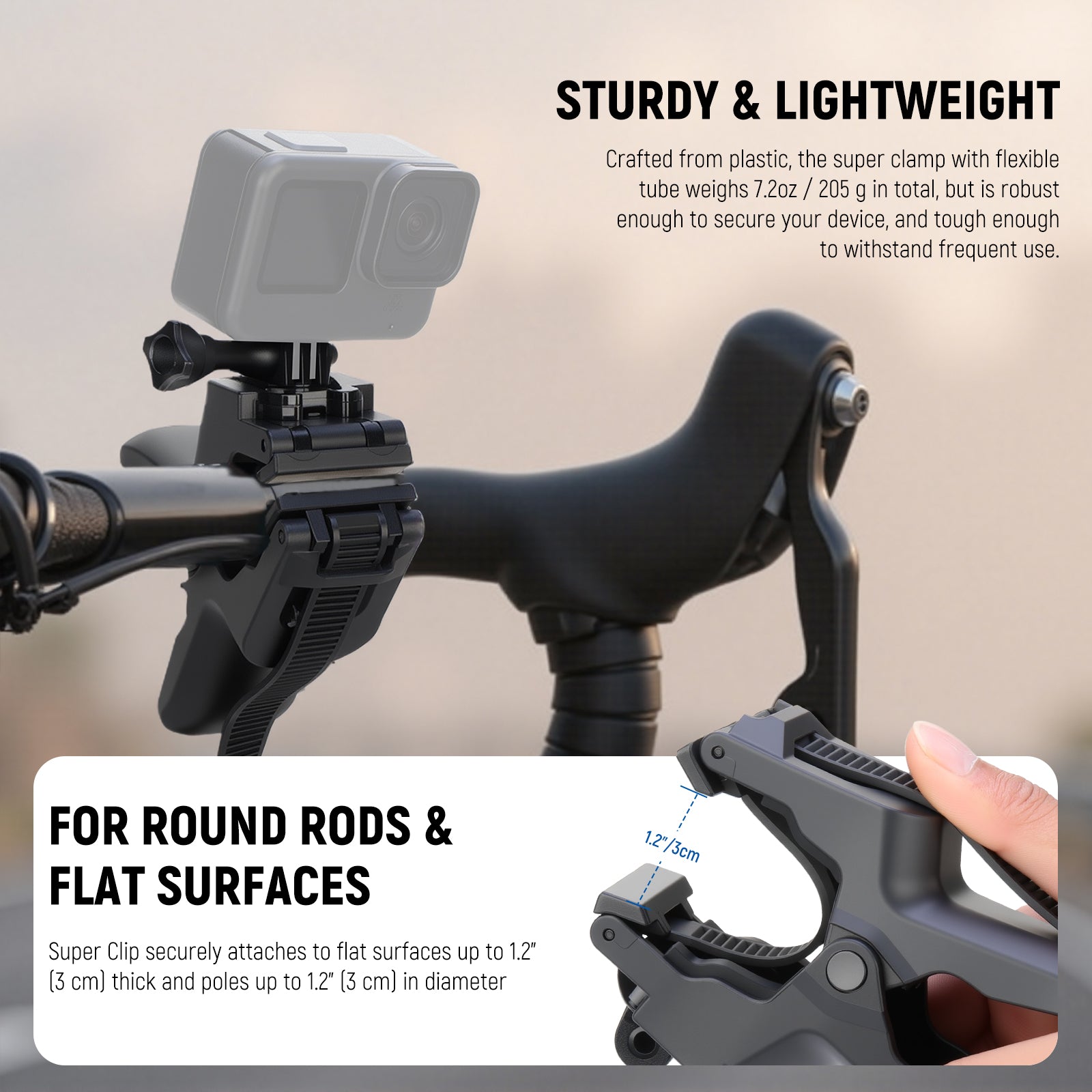 The super clamp with flexible tube is crafted from plastic.